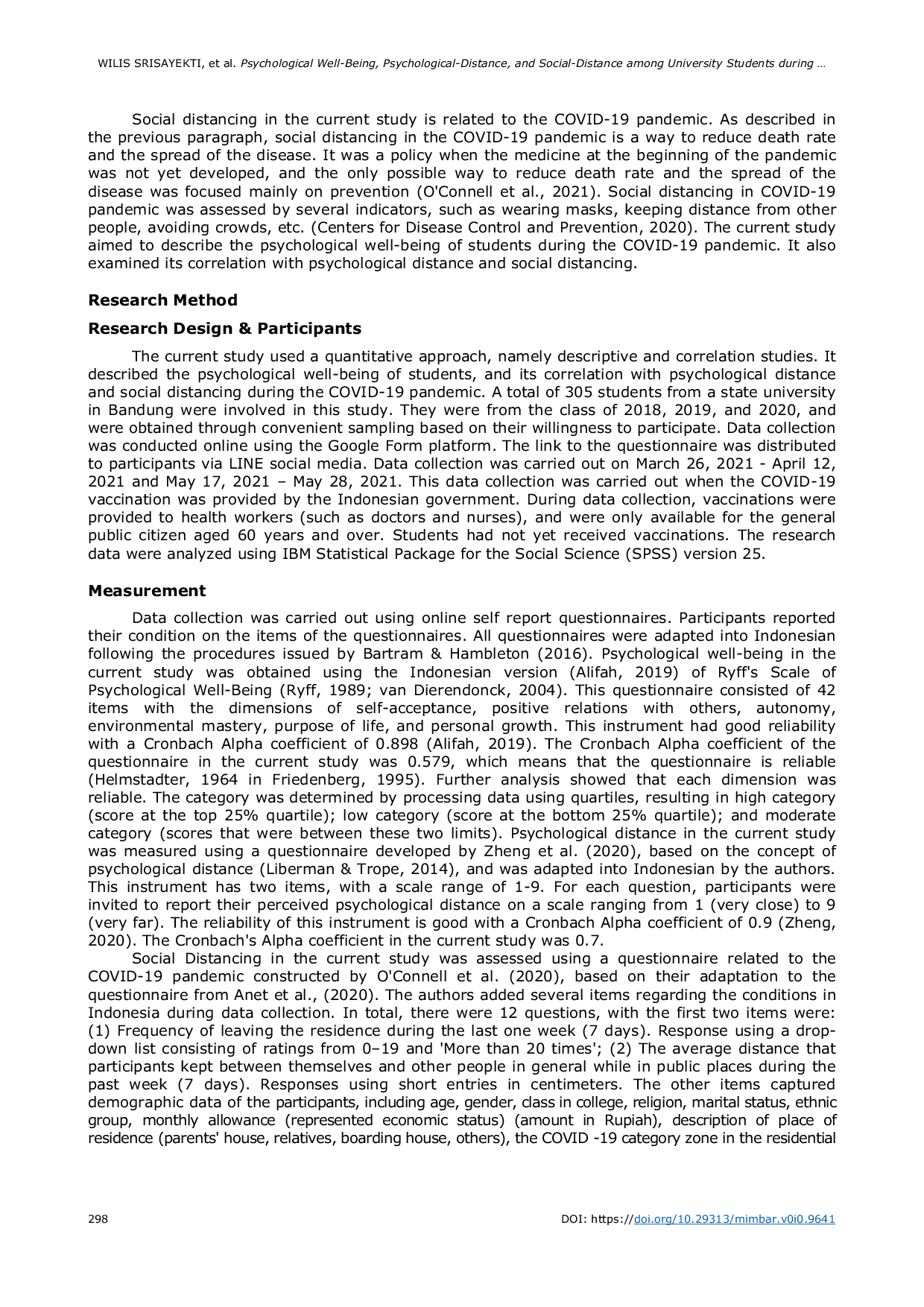 JURIS Psychological Well Being Psychological Distance and Social Distance Among University Students during The Covid 19 Pandemic