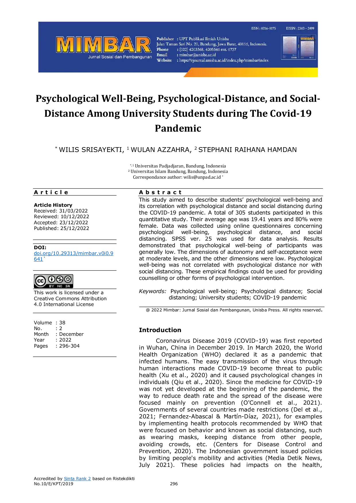 JURIS Psychological Well Being Psychological Distance and Social Distance Among University Students during The Covid 19 Pandemic