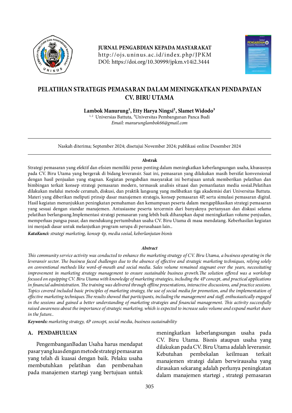 JURIS Pelatihan Strategis Pemasaran dalam Meningkatkan Pendapatan CV Biru Utama