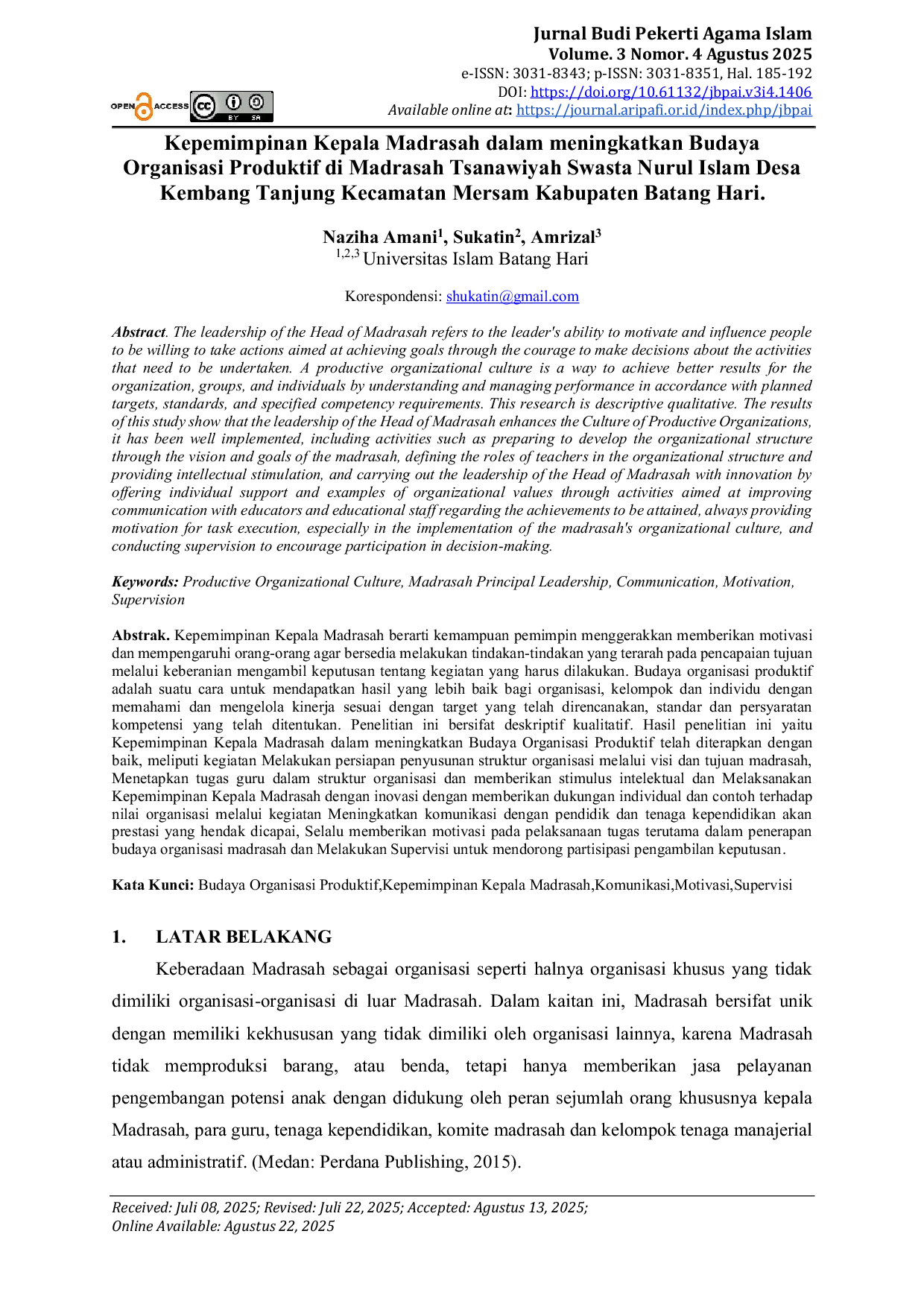 JURIS Kepemimpinan Kepala Madrasah dalam meningkatkan Budaya Organisasi Produktif di Madrasah Tsanawiyah Swasta Nurul Islam Desa Kembang Tanjung Kecamatan Mersam Kabupaten Batang Hari