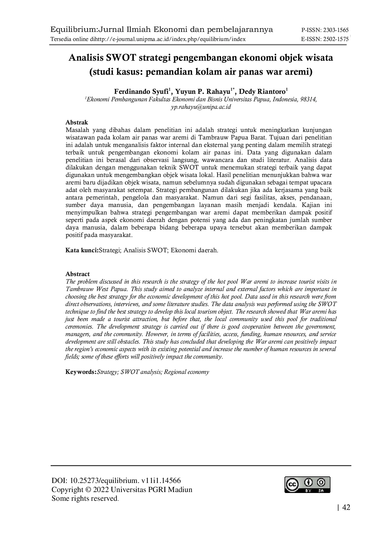 JURIS Analisis SWOT strategi pengembangan ekonomi objek wisata studi kasus pemandian kolam air panas war aremi