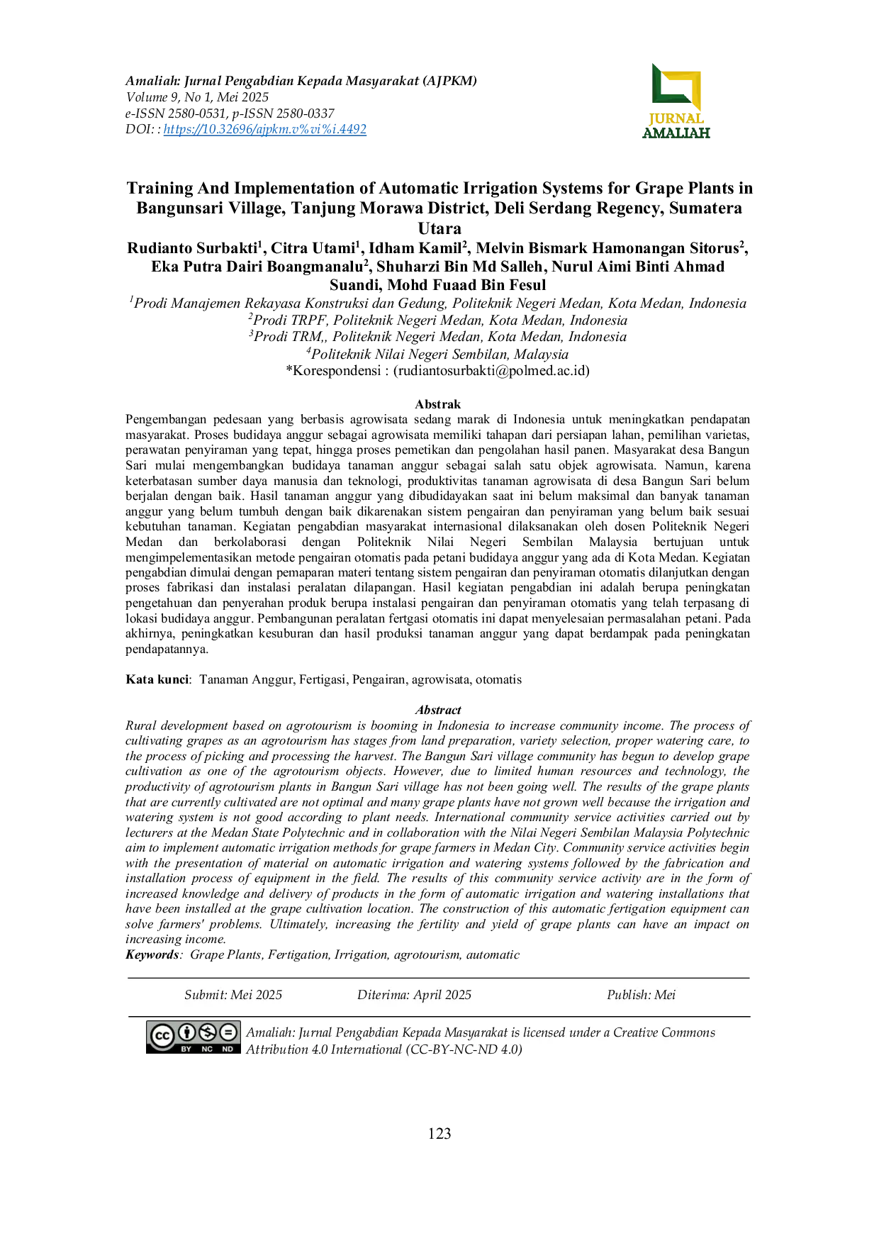 JURIS Training And Implementation of Automatic Irrigation Systems for Grape Plants in Bangunsari Village Tanjung Morawa District Deli Serdang Regency Sumatera Utara