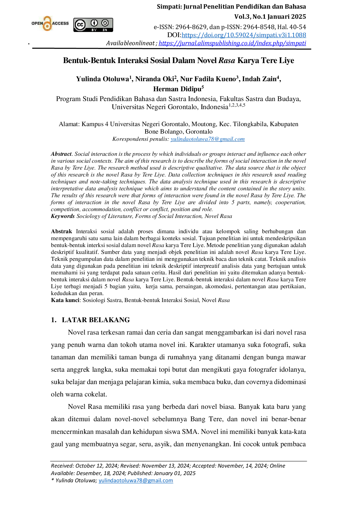 JURIS Bentuk Bentuk Interaksi Sosial Dalam Novel Rasa Karya Tere Liye