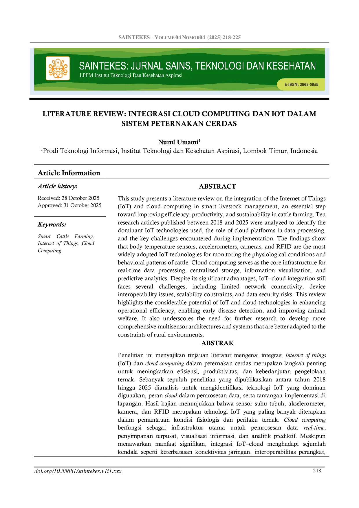 JURIS Literature Review Integrasi Cloud Computing Dan Iot Dalam Sistem Peternakan Cerdas