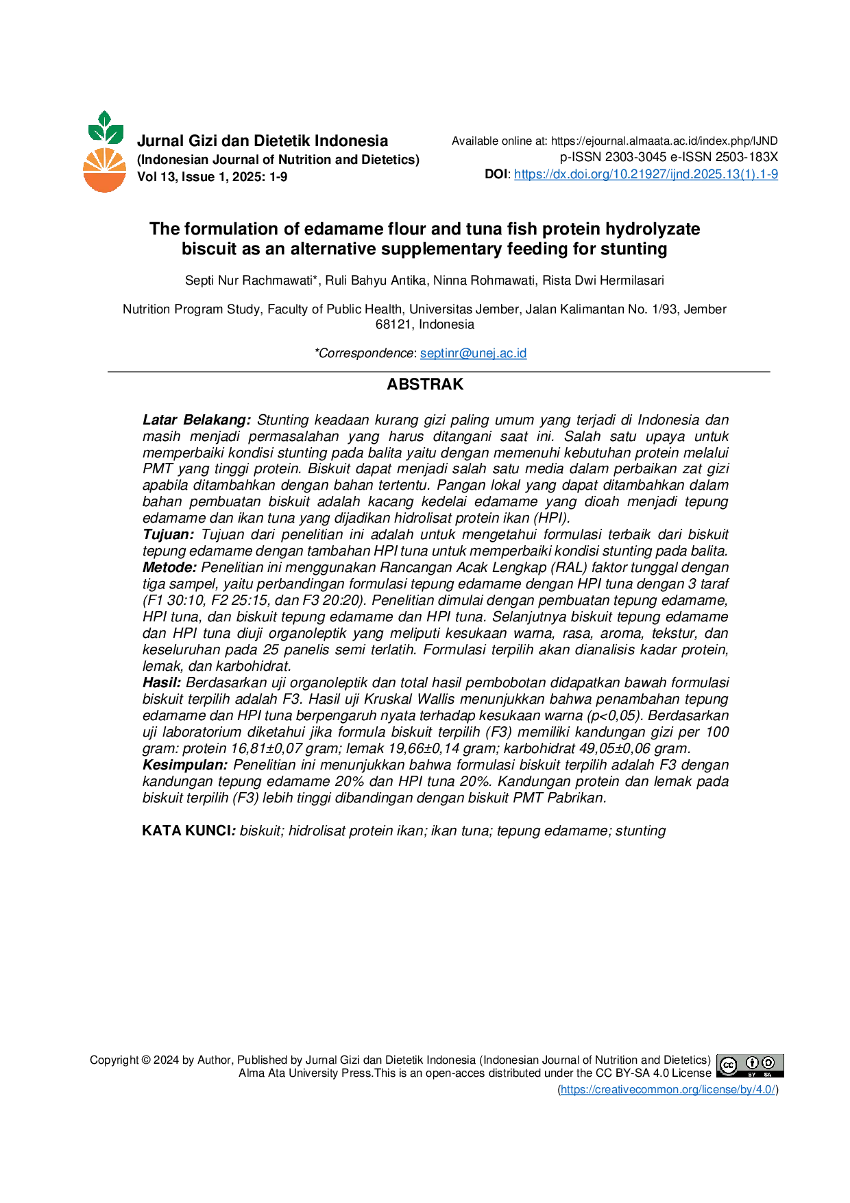 JURIS Formulasi Biskuit Tepung Edamame Dan Hidrolisat Protein Ikan Tuna Sebagai Alternatif Makanan Tambahan Stunting
