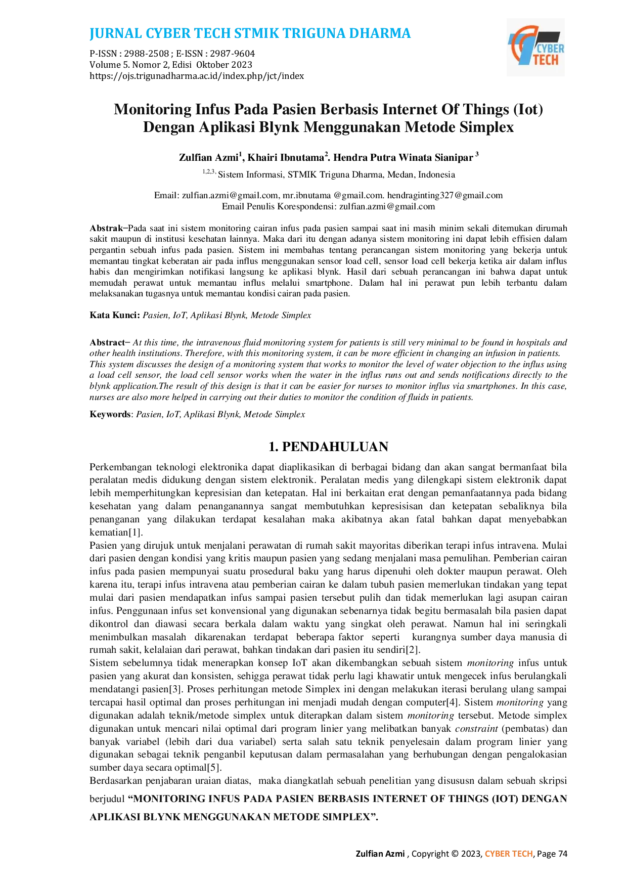 JURIS Monitoring Infus Pada Pasien Berbasis Internet Of Things Iot Dengan Aplikasi Blynk Menggunakan Metode Simplex