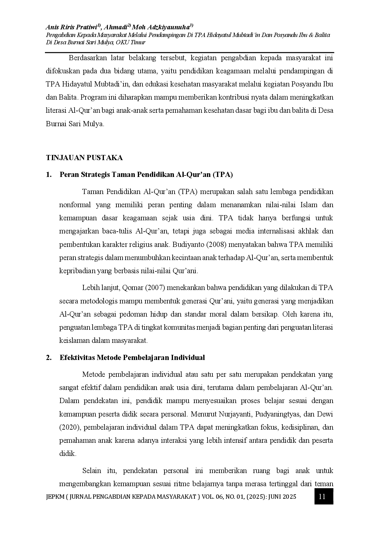 juris Pendampingan TPA Dan Posyandu Sebagai Bentuk Pengabdian Masyarakat Di Desa Burnai Sari Mulya OKU Timur Sumatera Selatan Indonesia