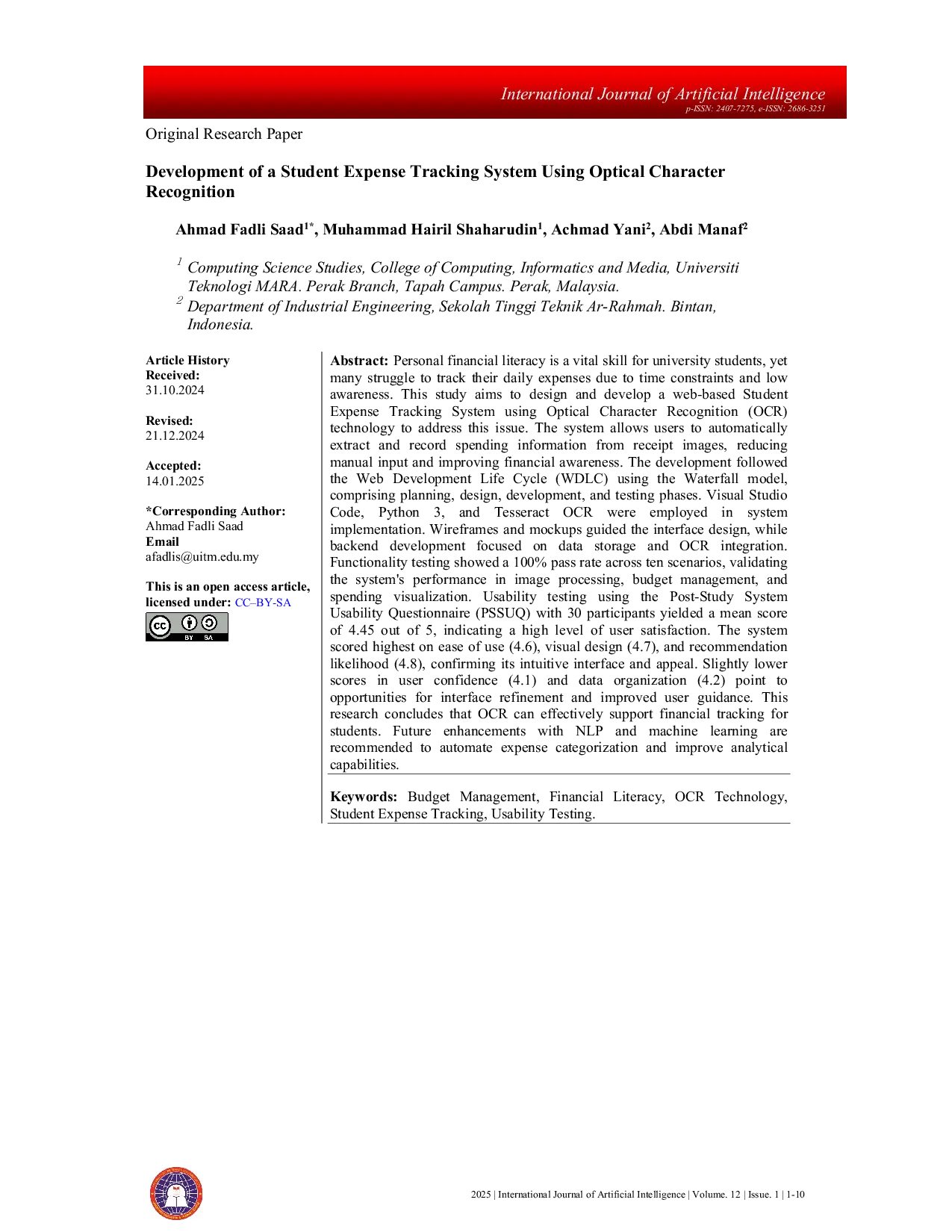 JURIS Development of a Student Expense Tracking System Using Optical Character Recognition