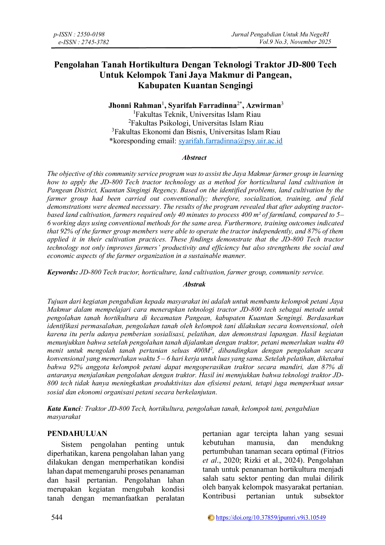 JURIS Pengolahan Tanah Hortikultura Dengan Teknologi Traktor JD 800 Tech Untuk Kelompok Tani Jaya Makmur di Pangean Kabupaten Kuantan Sengingi