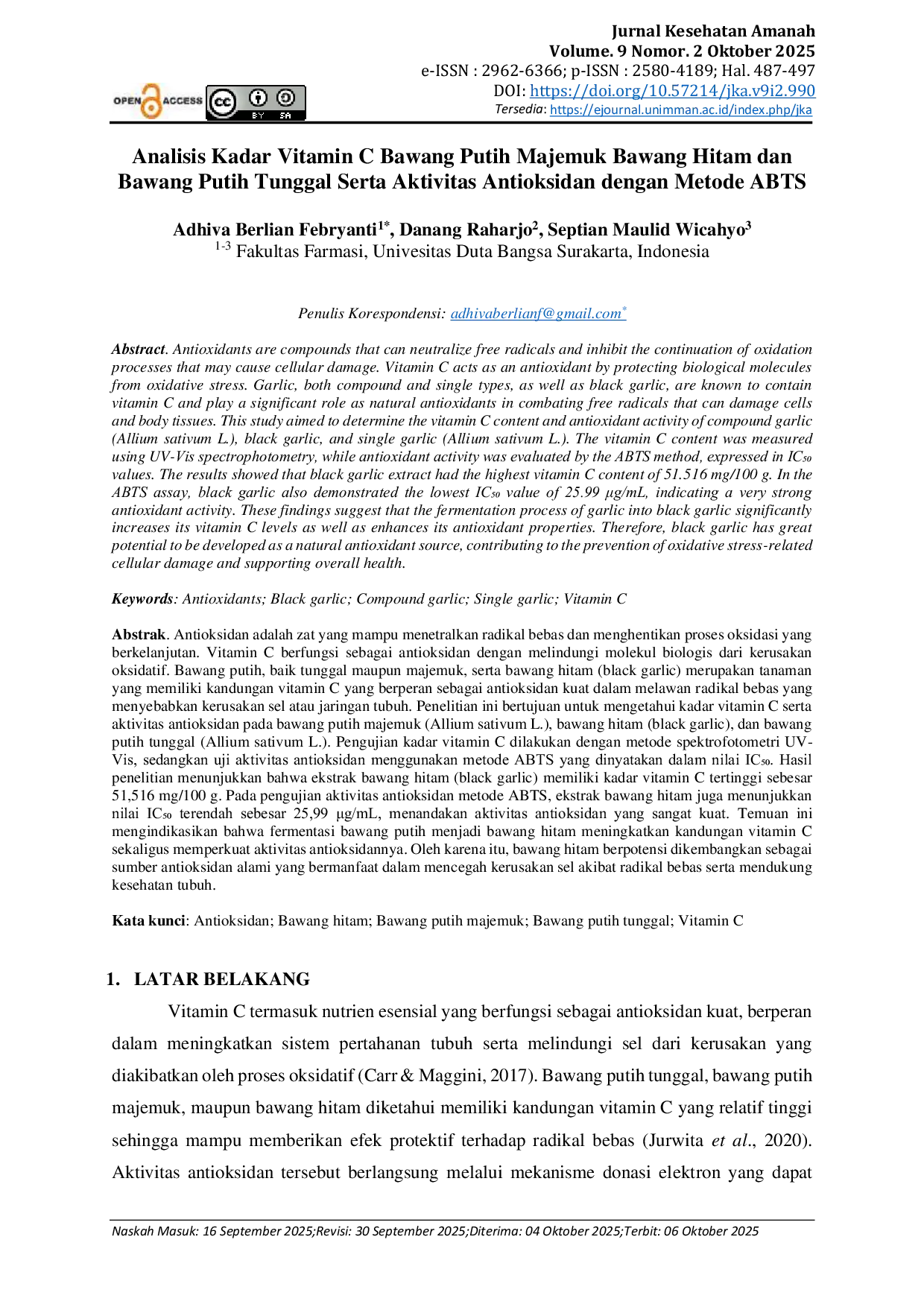 JURIS Analisis Kadar Vitamin C Bawang Putih Majemuk Bawang Hitam Dan Bawang Putih Tunggal Serta Aktivitas Antioksidan Dengan Metode ABTS