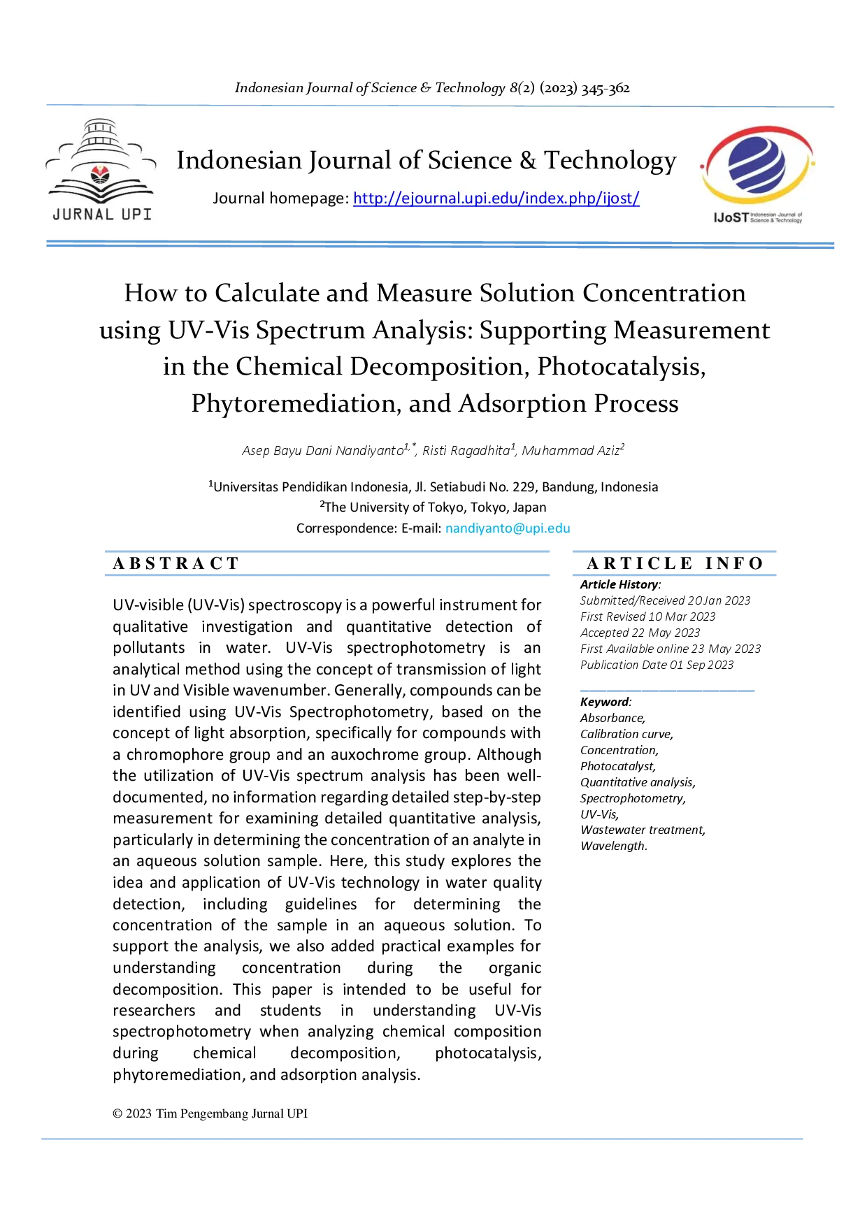 juris How to Calculate and Measure Solution Concentration using UV Vis Spectrum Analysis Supporting Measurement in the Chemical Decomposition Photocatalysis Phytoremediation and Adsorption Process