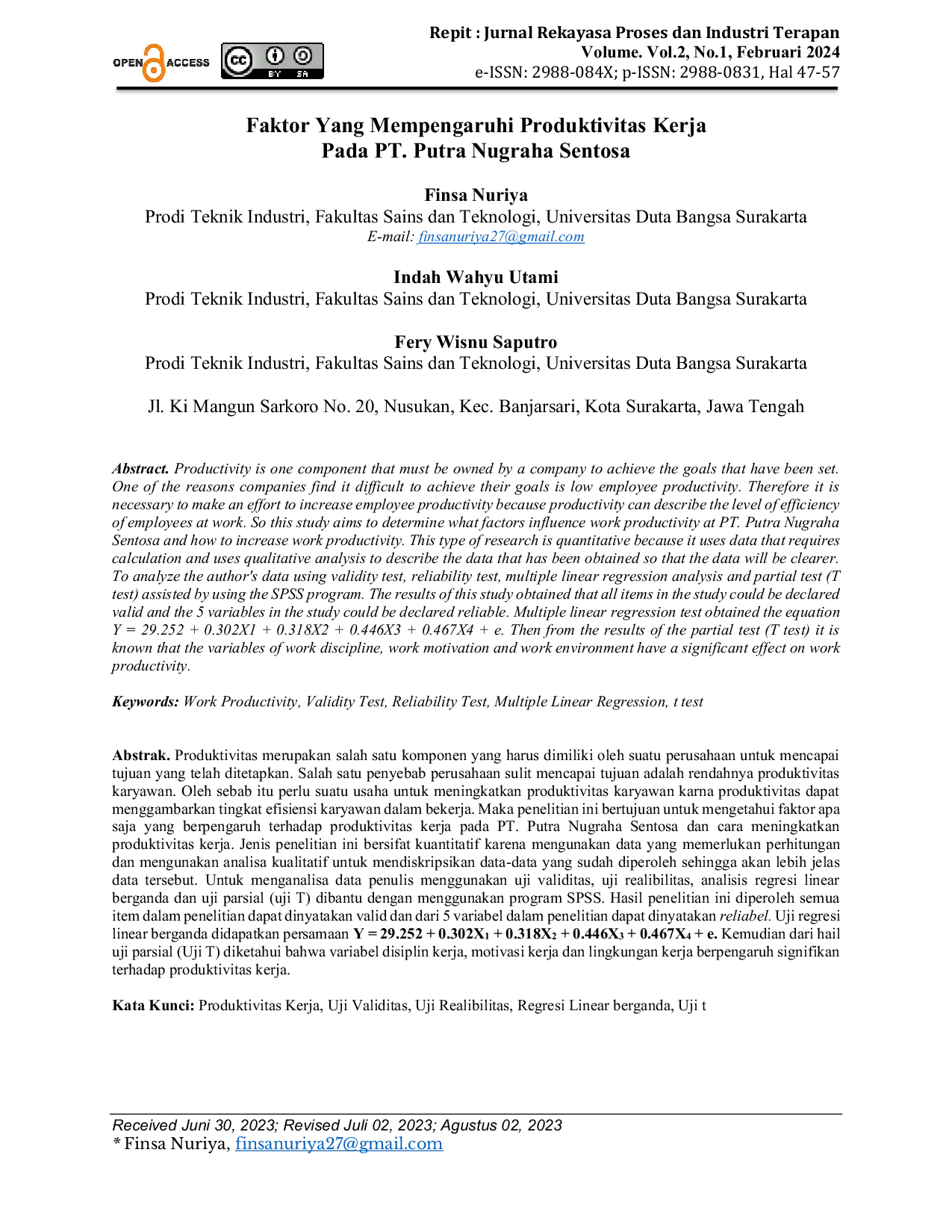 JURIS Faktor Yang Mempengaruhi Produktivitas Kerja Pada PT Putra Nugraha Sentosa