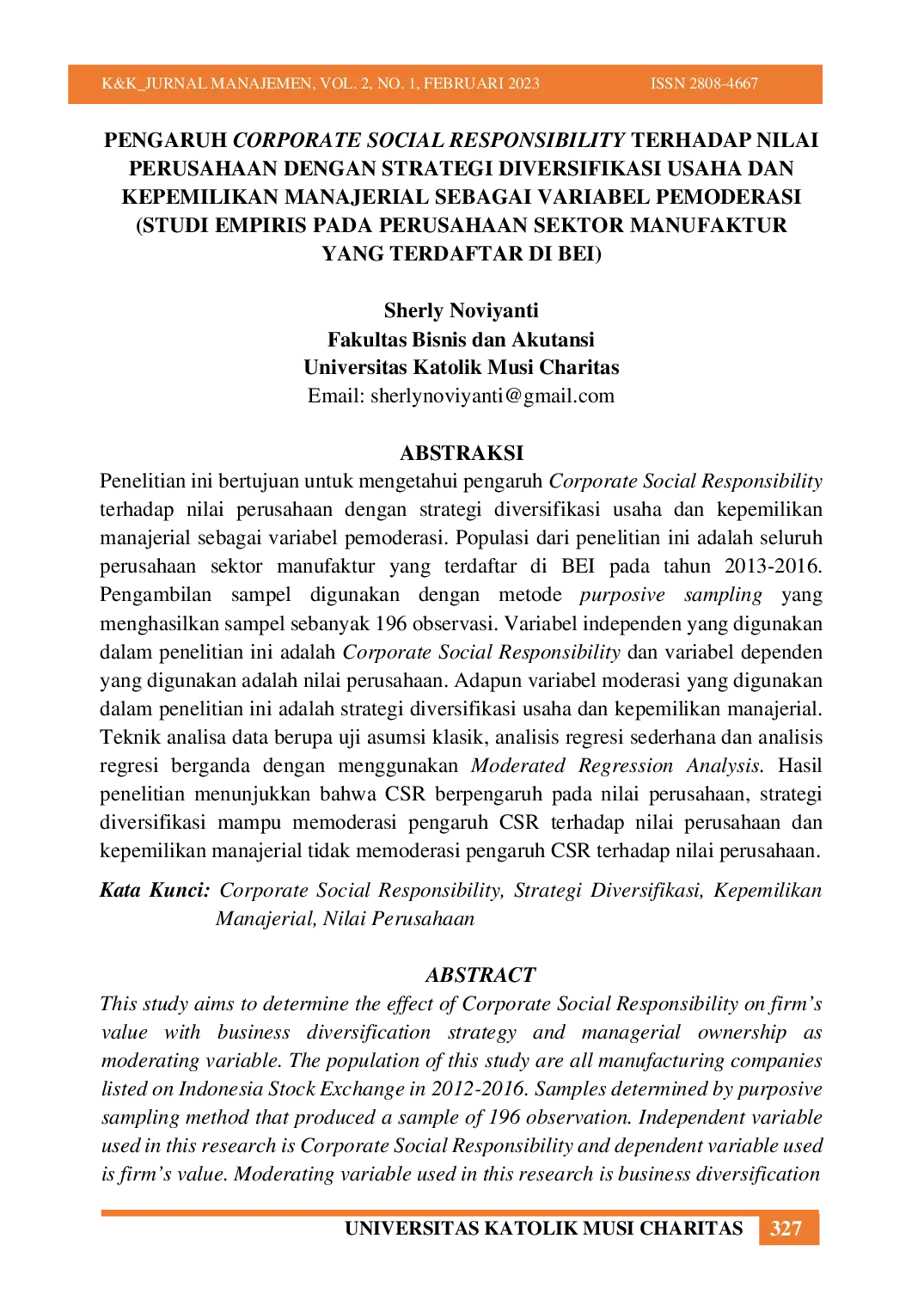 JURIS Pengaruh Corporate Social Responsibility Terhadap Nilai Perusahaan Dengan Strategi Diversifikasi Usaha Dan Kepemilikan Manajerial Sebagai Variabel Pemoderasi Studi Empiris Pada Perusahaan Sektor Manu