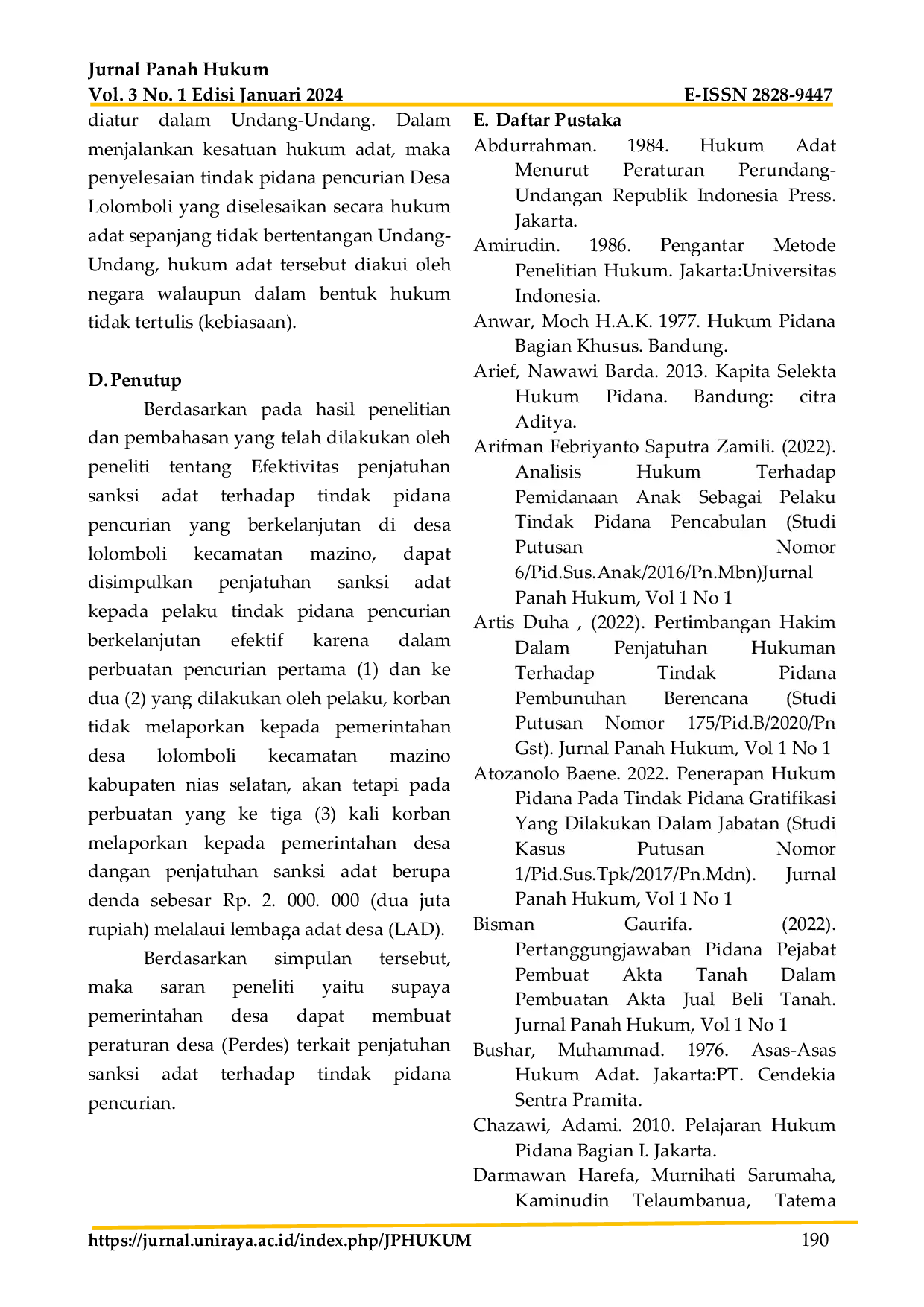 JURIS Efektivitas Penjatuhan Sanksi Adat Terhadap Tindak Pidana Pencurian Yang Berkelanjutan Studi Kasus Di Desa Lolomboli Kecamatan Mazino