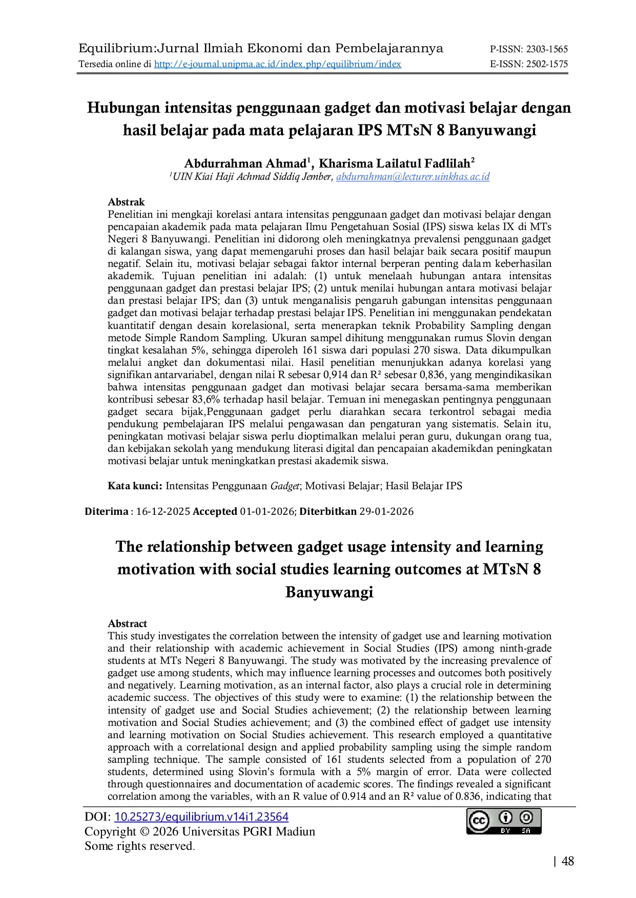 JURIS Hubungan intensitas penggunaan gadget dan motivasi belajar dengan hasil belajar pada mata pelajaran IPS MTsN 8 Banyuwangi