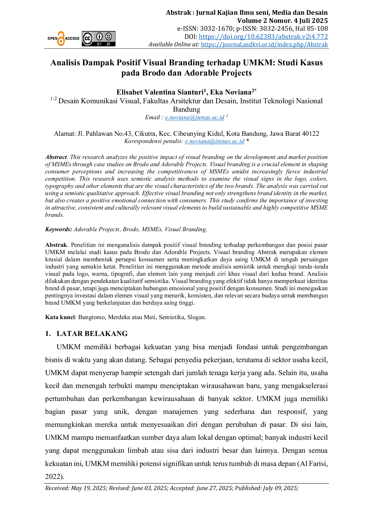JURIS Analisis Dampak Positif Visual Branding terhadap UMKM Studi Kasus Pada Brodo dan Adorable Projects