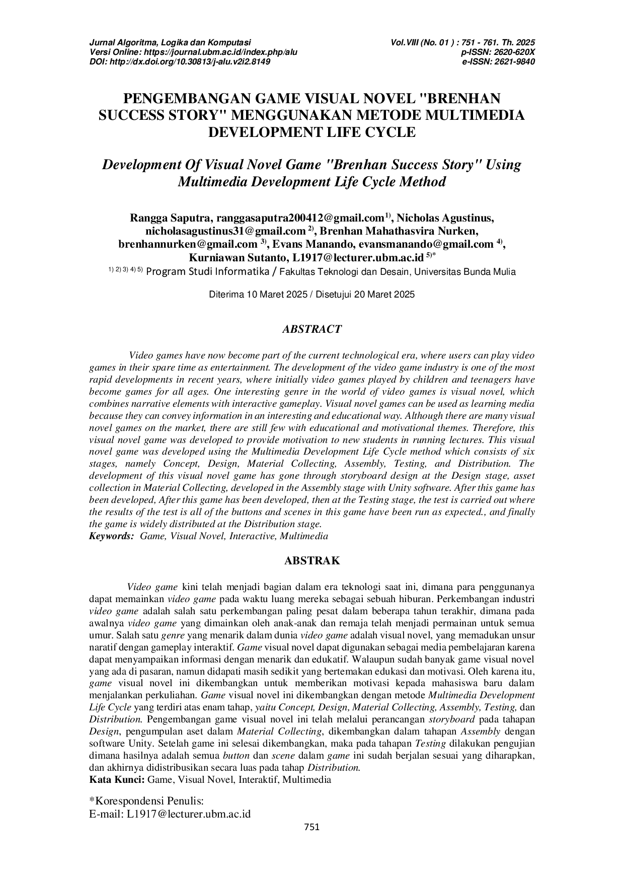 JURIS Pengembangan Game Visual Novel Brenhan Success Story Menggunakan Metode Multimedia Development Life Cycle