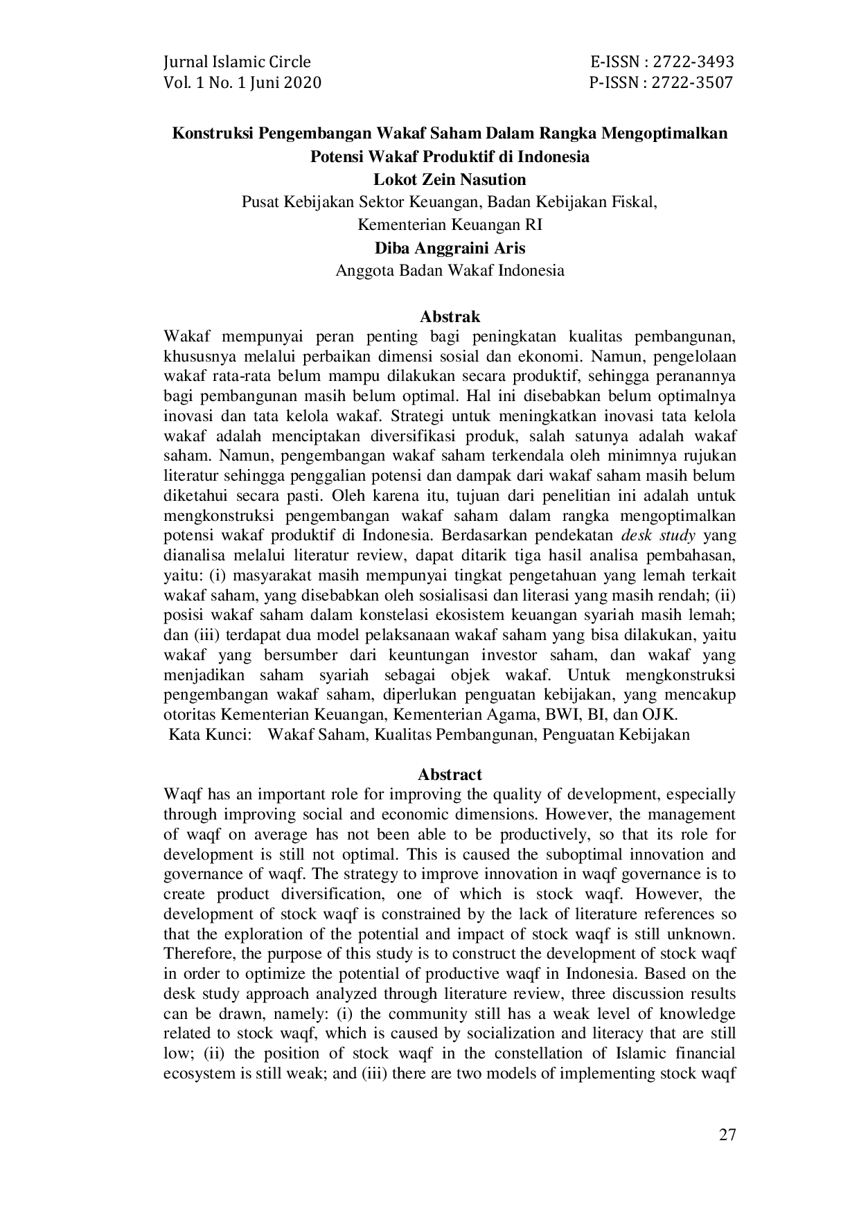 JURIS Konstruksi Pengembangan Wakaf Saham Dalam Rangka Mengoptimalkan Potensi Wakaf Produktif di Indonesia