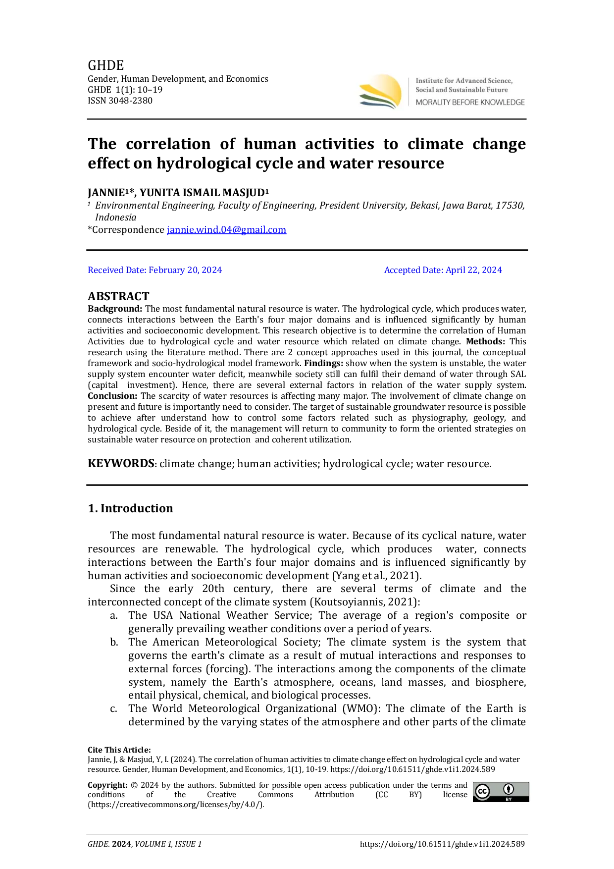 JURIS The correlation of human activities to climate change effect on hydrological cycle and water resource