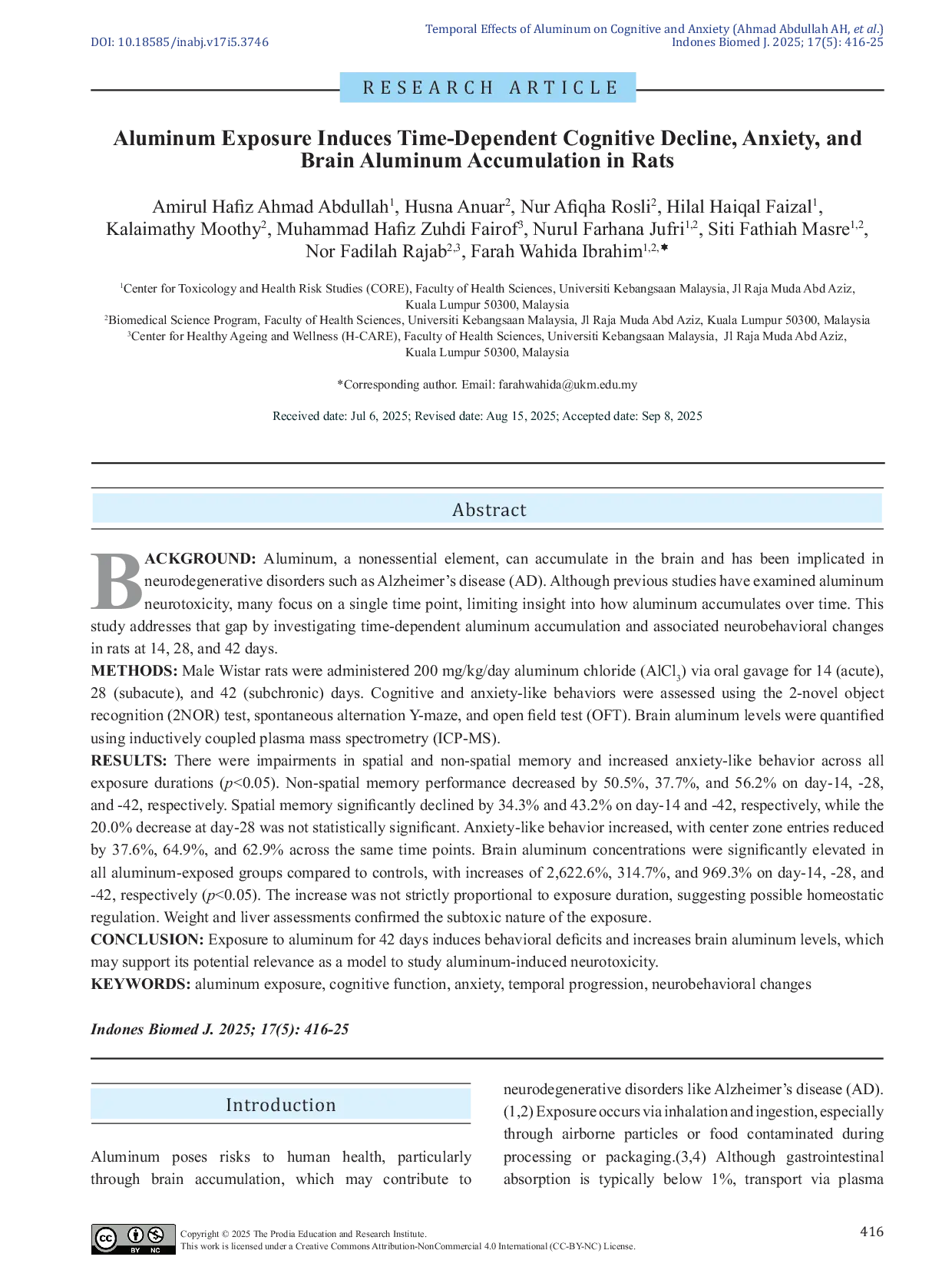 JURIS Aluminum Exposure Induces Time Dependent Cognitive Decline Anxiety and Brain Aluminum Accumulation in Rats