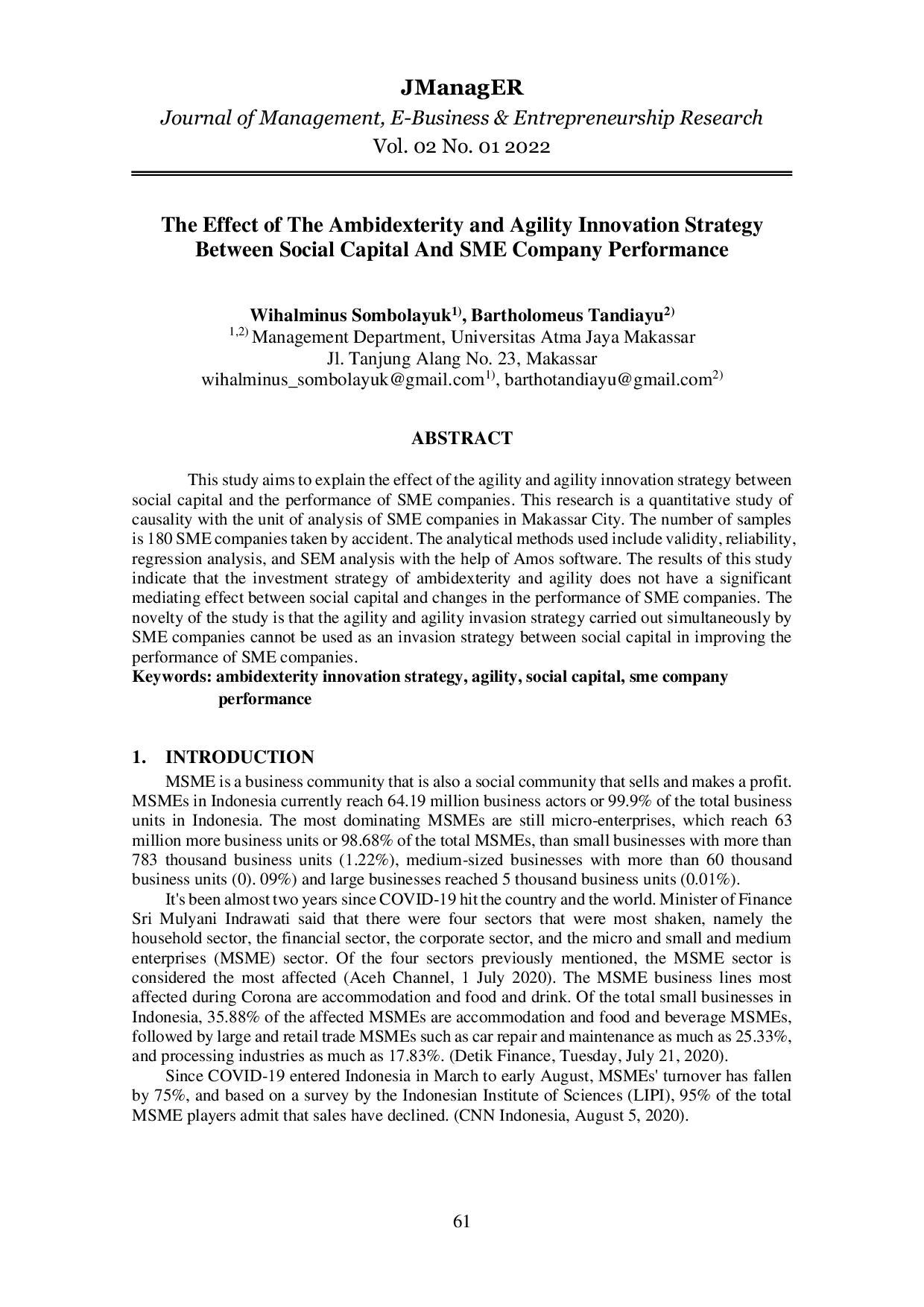 JURIS The Effect of The Ambidexterity and Agility Innovation Strategy Between Social Capital and SME Company Performance