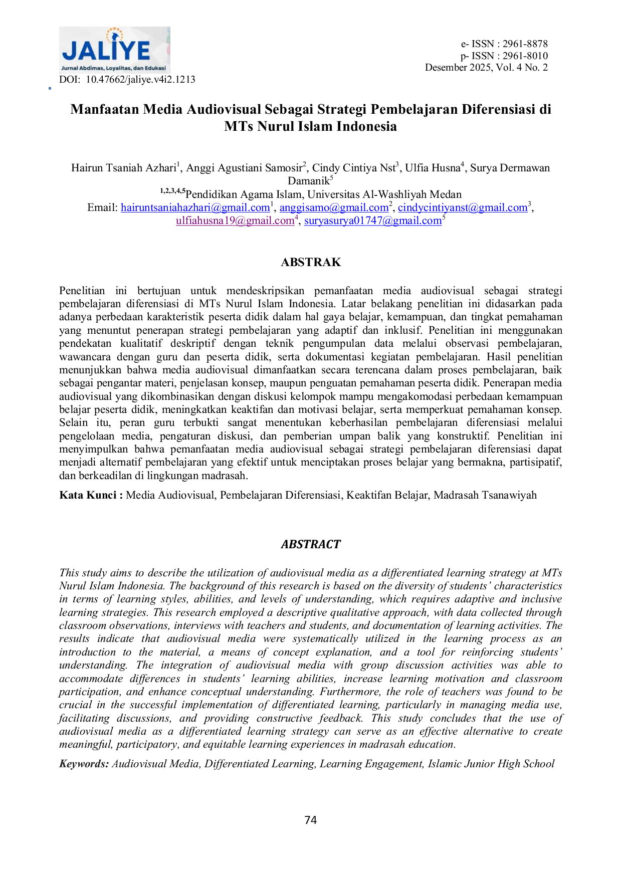 JURIS Manfaatan Media Audiovisual Sebagai Strategi Pembelajaran Diferensiasi di MTs Nurul Islam Indonesia