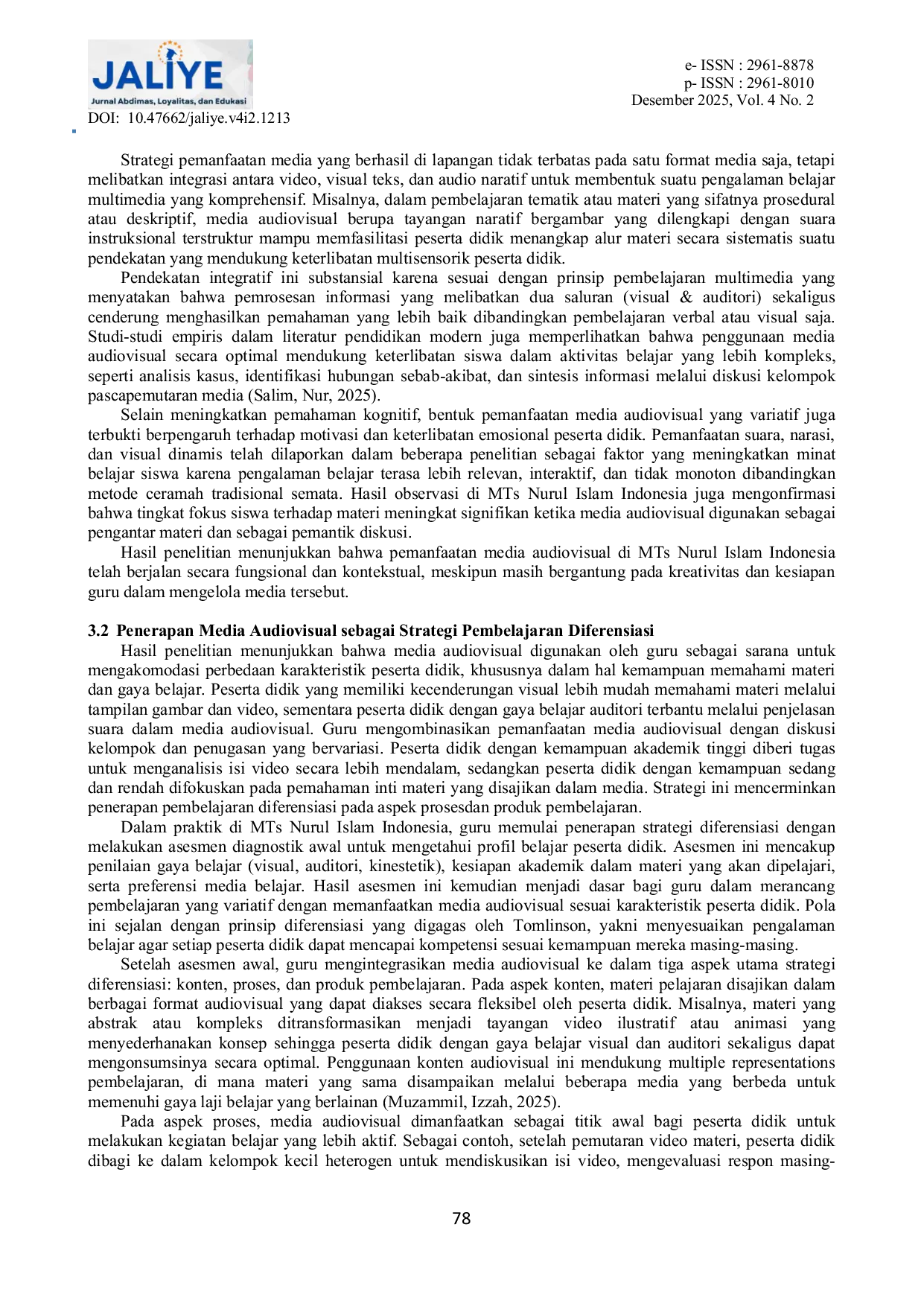 JURIS Manfaatan Media Audiovisual Sebagai Strategi Pembelajaran Diferensiasi di MTs Nurul Islam Indonesia
