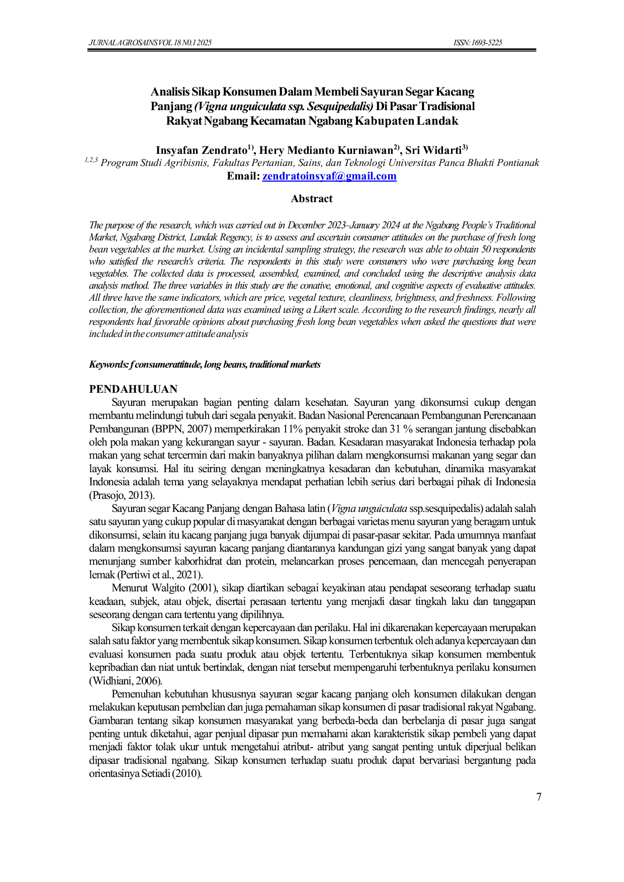 JURIS Analisis Sikap Konsumen Dalam Membeli Sayuran Segar Kacang Panjang Vigna unguiculata ssp Sesquipedalis Di Pasar Tradisional Rakyat Ngabang Kecamatan Ngabang Kabupaten Landak