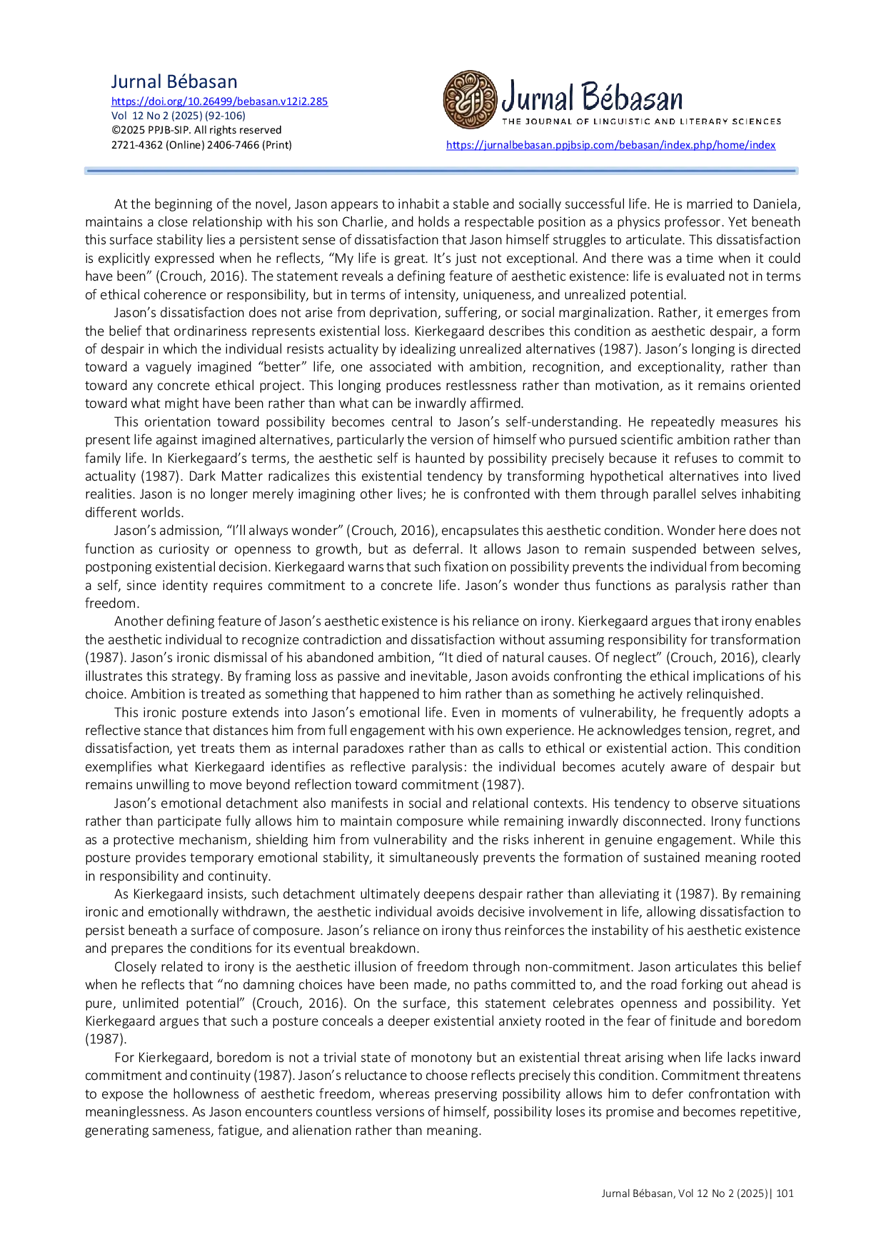 JURIS Existential Development of Jason Dessen in Blake Crouch s Dark Matter A Kierkegaardian Perspective