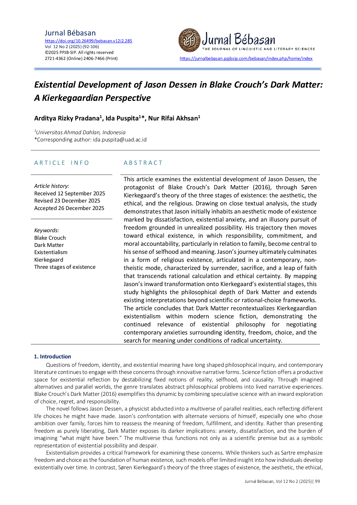 JURIS Existential Development of Jason Dessen in Blake Crouch s Dark Matter A Kierkegaardian Perspective