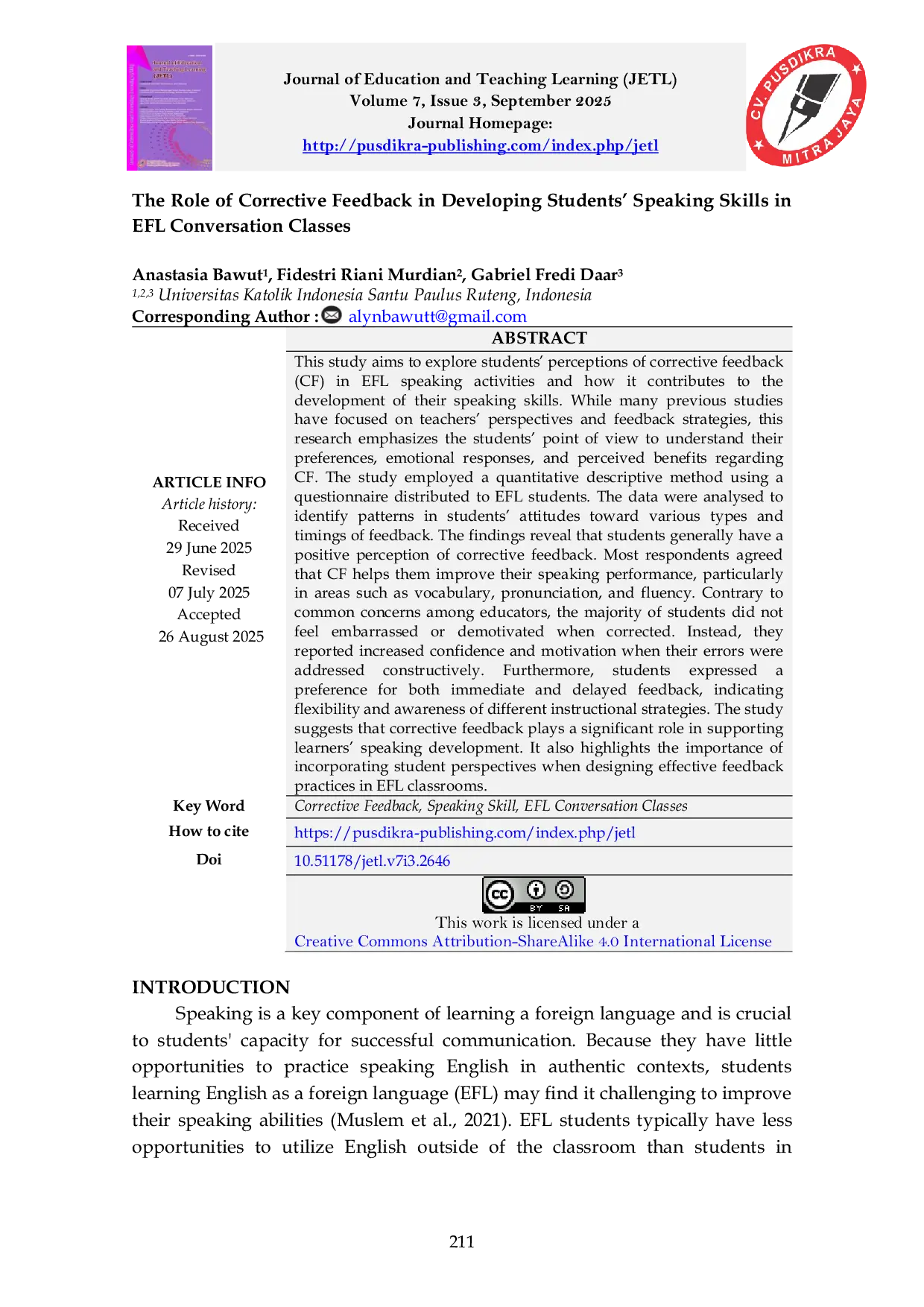 JURIS The Role of Corrective Feedback in Developing Students Speaking Skills in EFL Conversation Classes