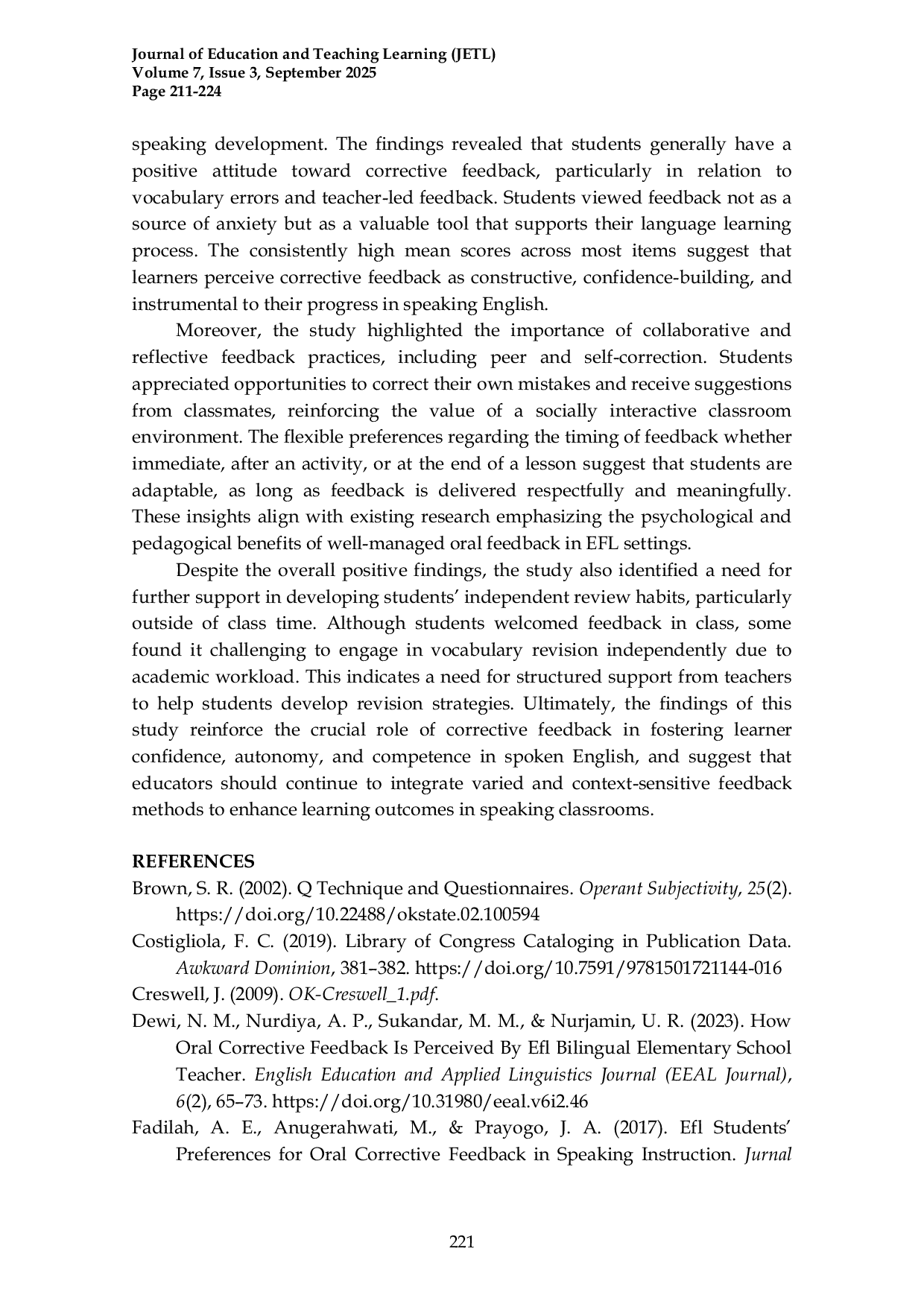JURIS The Role of Corrective Feedback in Developing Students Speaking Skills in EFL Conversation Classes