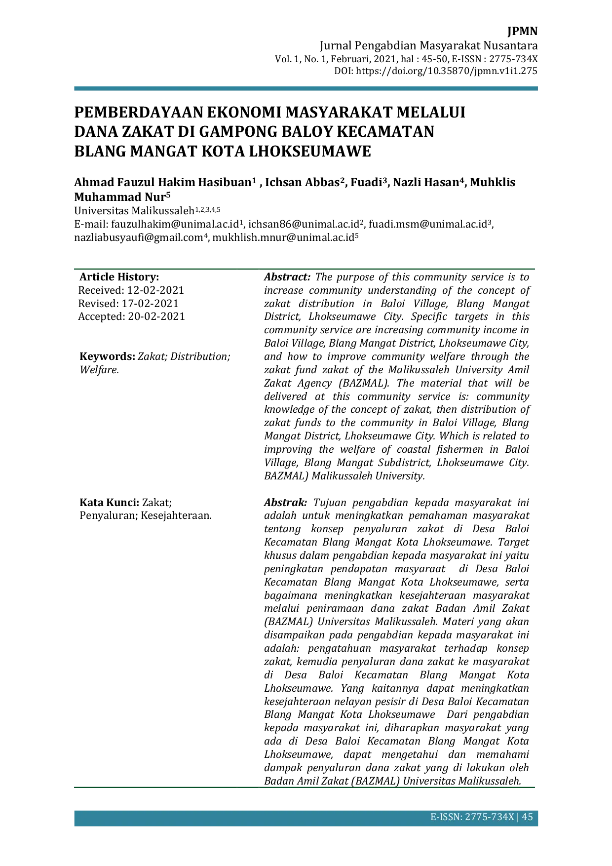 JURIS Pemberdayaan Ekonomi Masyarakat Melalui Dana Zakat Di Gampong Baloy Kecamatan Blang Mangat Kota Lhokseumawe