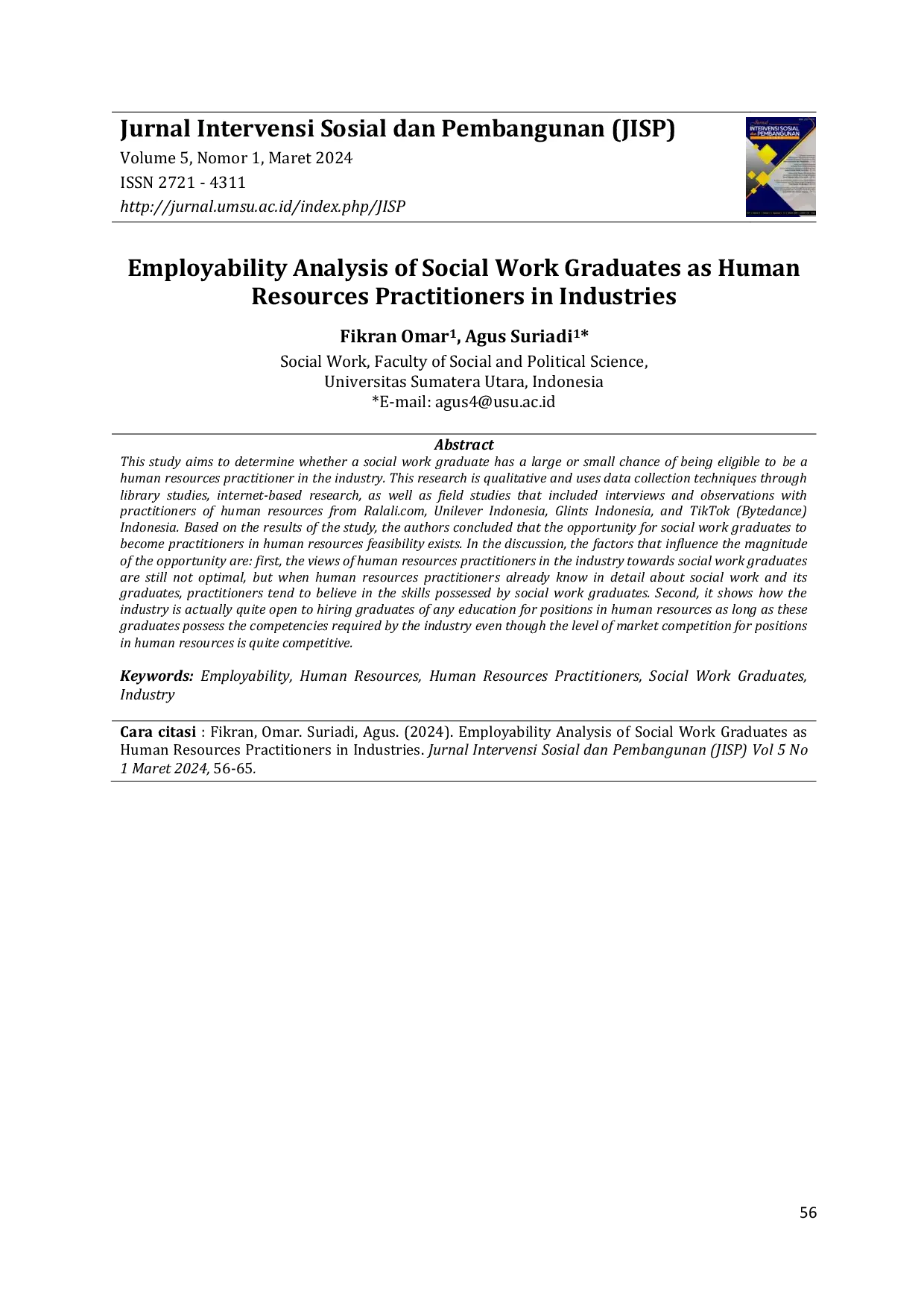 JURIS Analisis Kemampuan Kerja Lulusan Pekerjaan Sosial Sebagai Praktisi Sumber Daya Manusia di Industri
