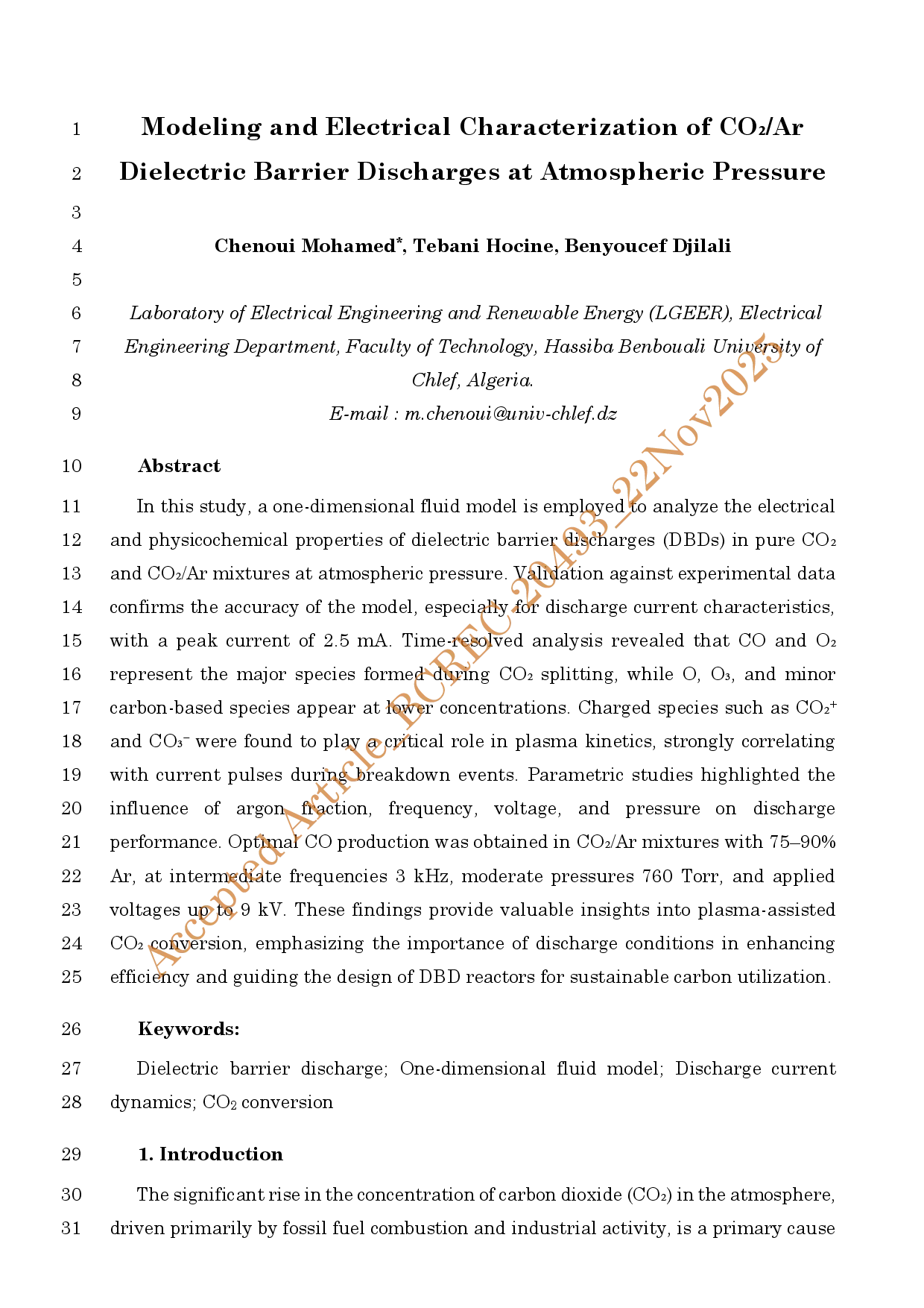 juris Modeling and Electrical Characterization of COCC Ar Dielectric Barrier Discharges at Atmospheric Pressure