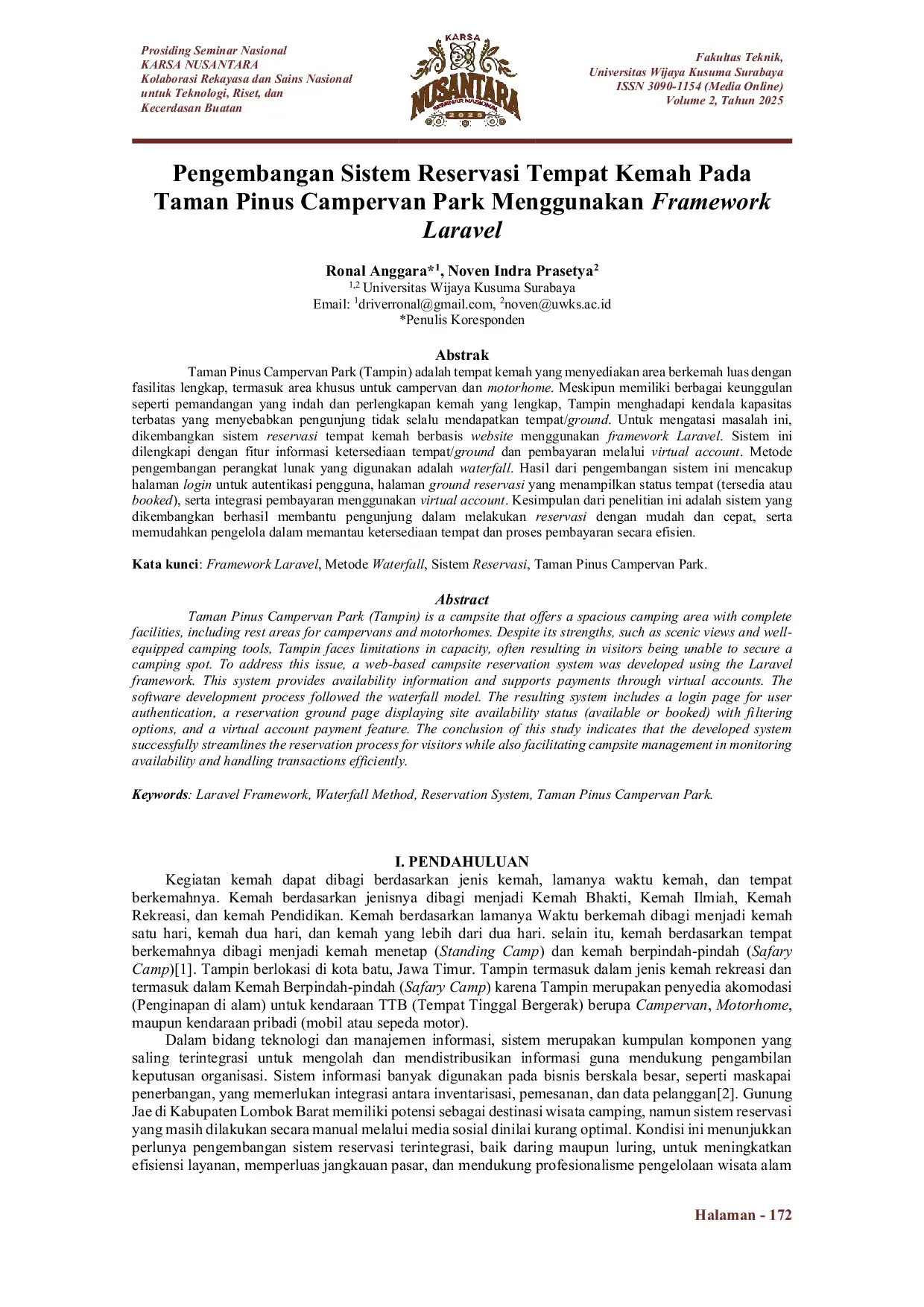 JURIS Pengembangan Sistem Reservasi Tempat Kemah Pada Taman Pinus Campervan Park Menggunakan Framework Laravel