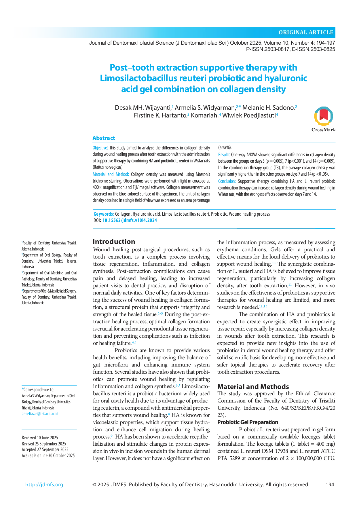 JURIS Post tooth extraction supportive therapy with Limosilactobacillus reuteri probiotic and hyaluronic acid gel combination on collagen density