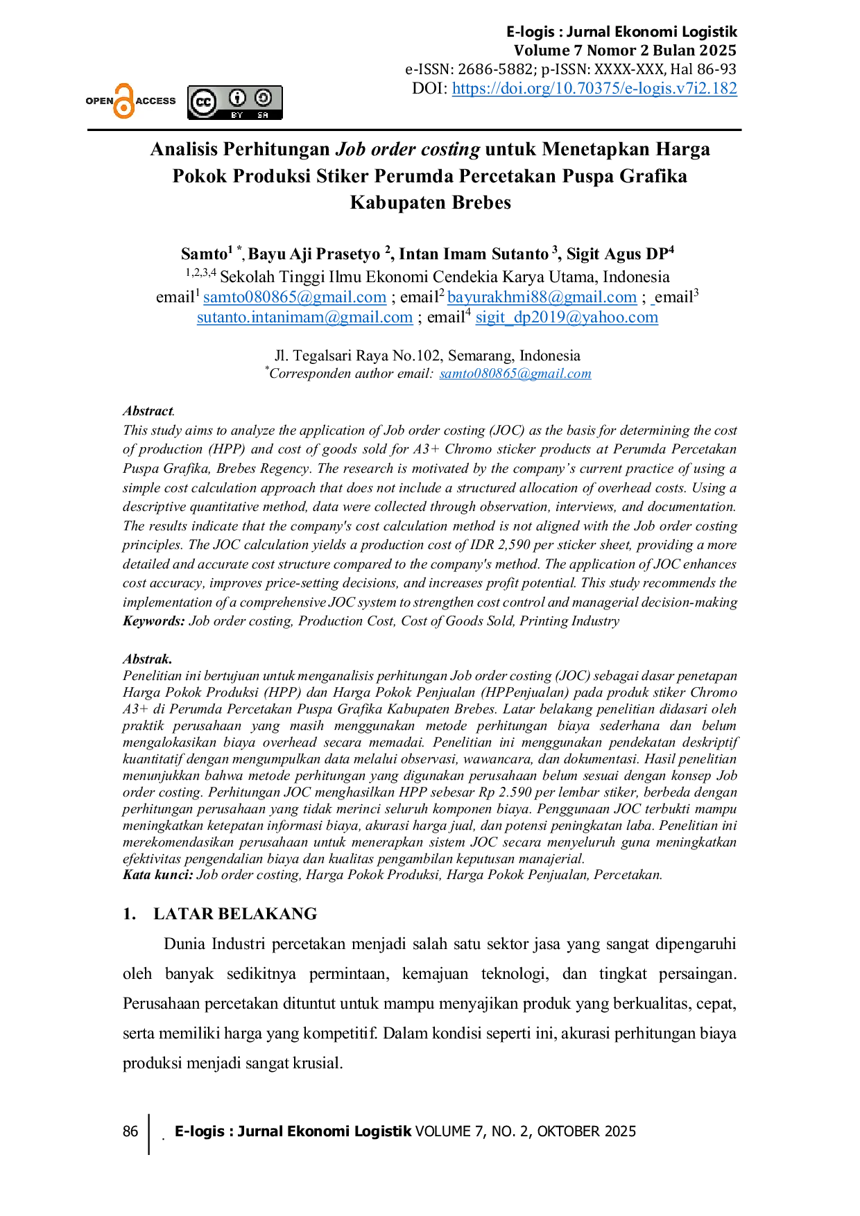 JURIS Analisis Perhitungan Job order costing untuk Menetapkan Harga Pokok Produksi Stiker Perumda Percetakan Puspa Grafika Kabupaten Brebes