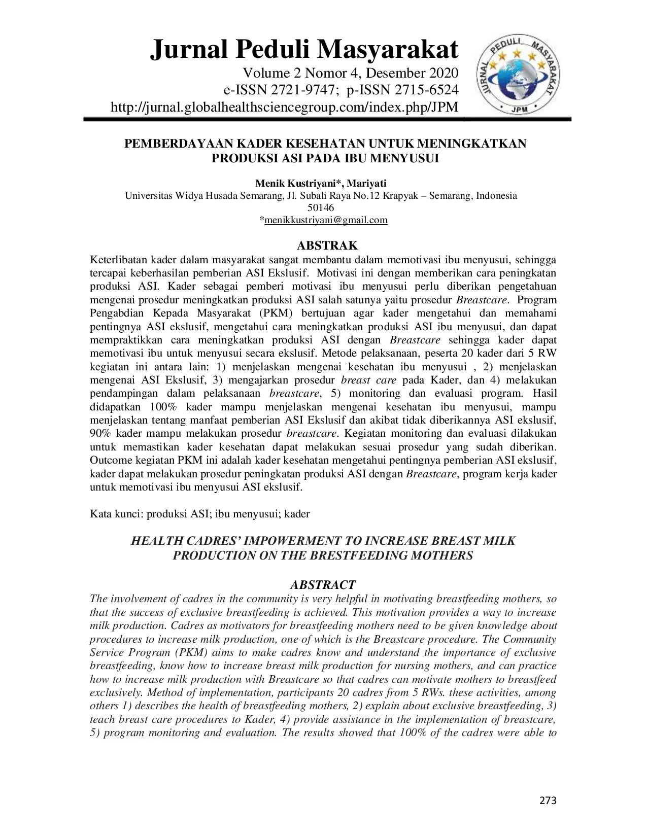 JURIS Pemberdayaan Kader Kesehatan untuk Meningkatkan Produksi ASI pada Ibu Menyusui