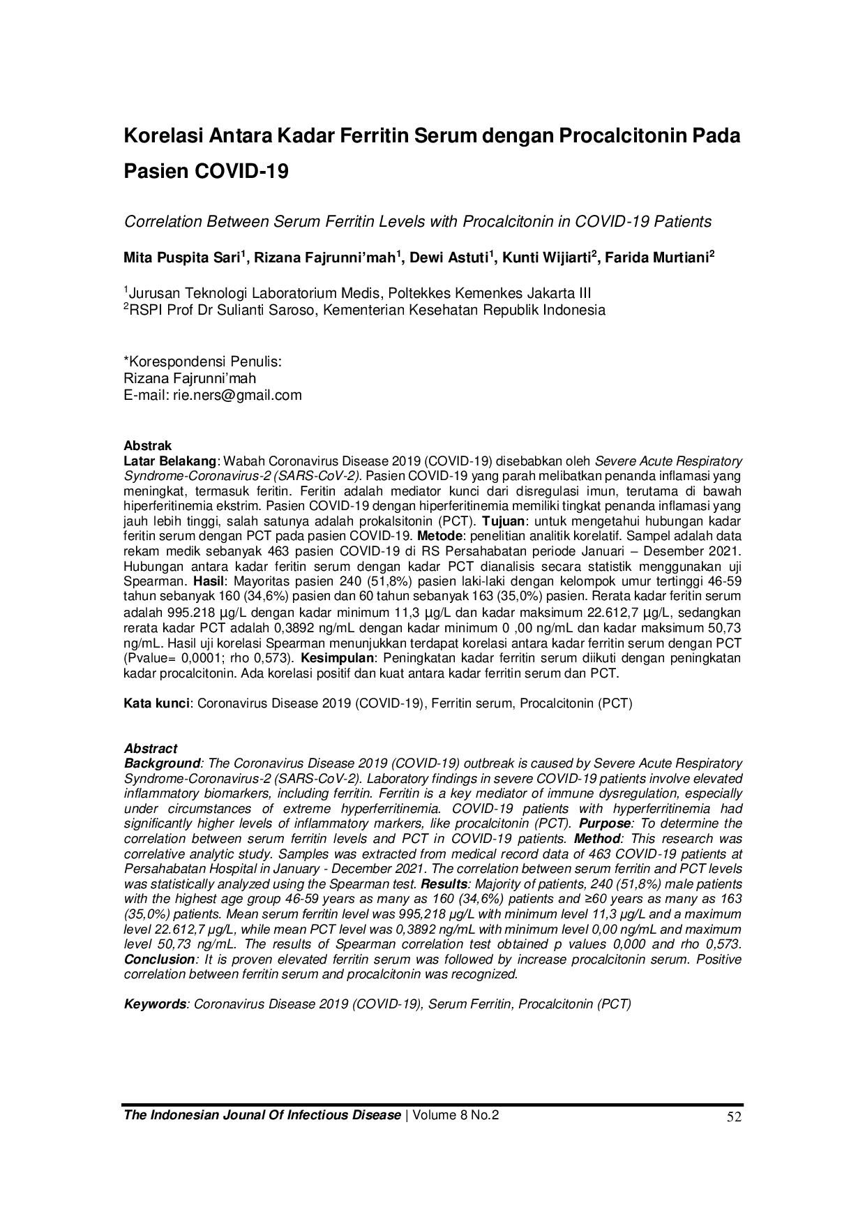 JURIS Korelasi Antara Kadar Ferritin Serum Dengan Procalcitonin Pada Pasien COVID 19
