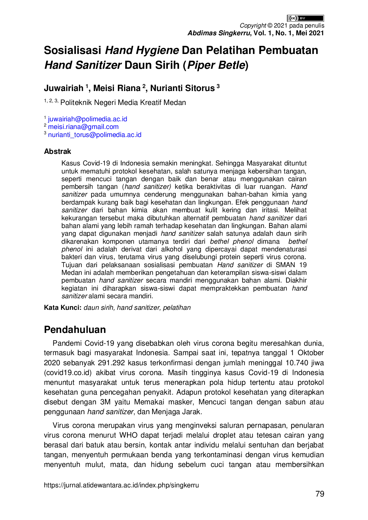 JURIS Sosialisasi Hand Hygiene Dan Pelatihan Pembuatan Hand Sanitizer Daun Sirih Piper Betle