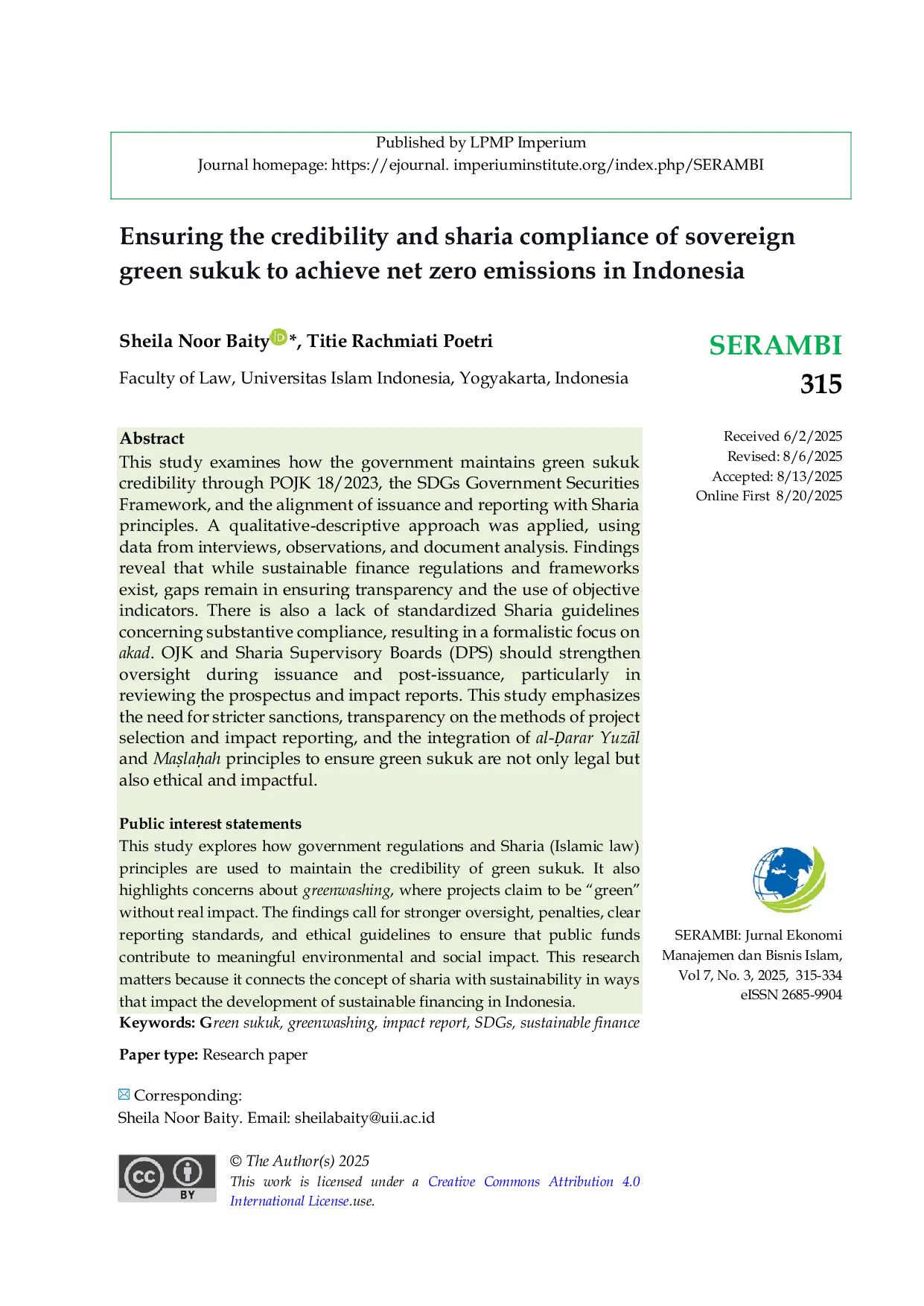 JURIS Ensuring the credibility and sharia compliance of sovereign green sukuk to achieve net zero emissions in Indonesia
