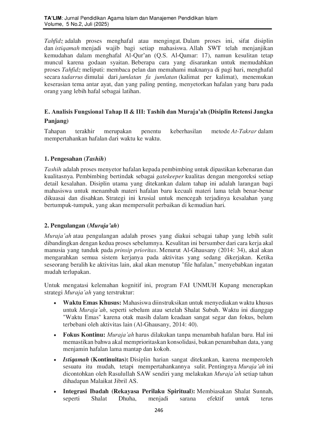JURIS Implementasi Komprehensif Metode At Takrar dalam Penguatan Tahdzid dan Tahsin Al Qur an Sintesis Kognitif Spiritual pada Fakultas Agama Islam Universitas Muhammadiyah Kupang
