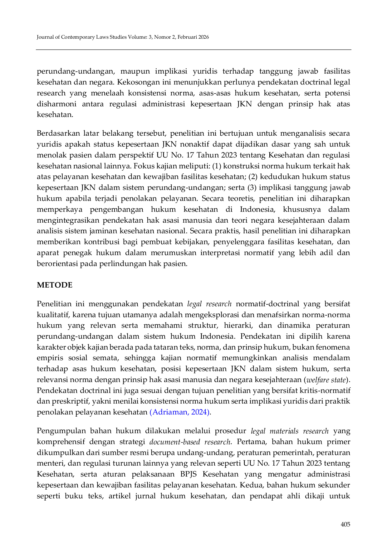 JURIS Status Kepesertaan JKN Nonaktif Sebagai Dasar Penolakan Pasien Analisis Yuridis terhadap Undang Undang No 17 Tahun 2023 tentang Kesehatan