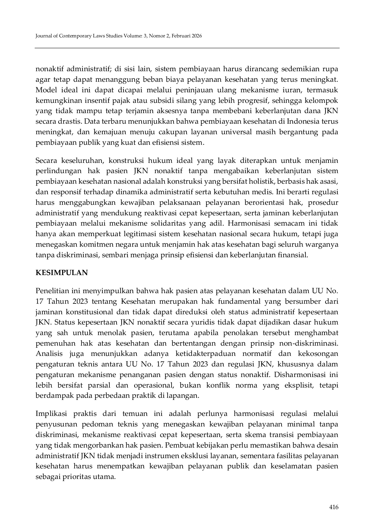 JURIS Status Kepesertaan JKN Nonaktif Sebagai Dasar Penolakan Pasien Analisis Yuridis terhadap Undang Undang No 17 Tahun 2023 tentang Kesehatan