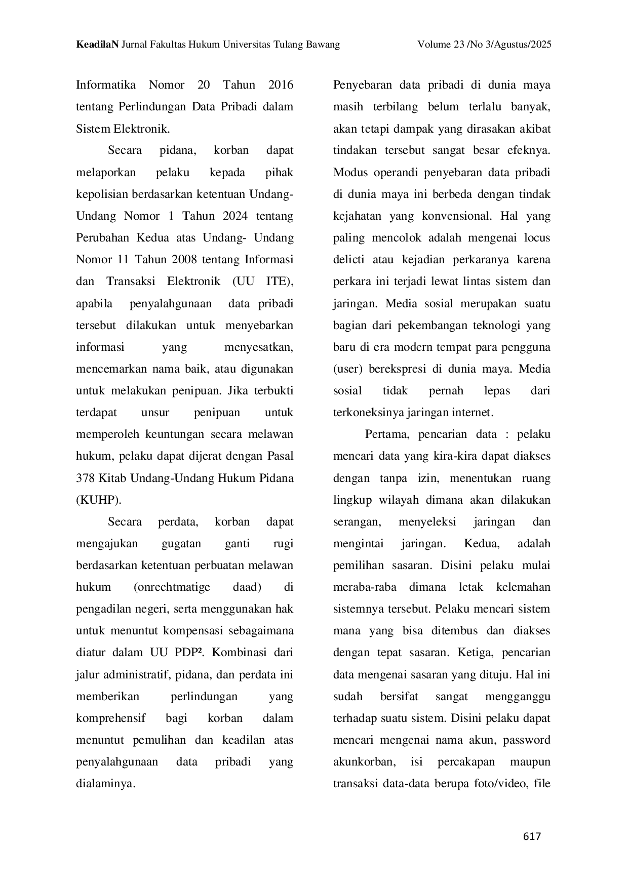 JURIS Perlindungan Hukum Terhadap Korban Penyalahgunaan Data Pribadi Melalui Pengiriman Undangan Palsu Di Media Sosial