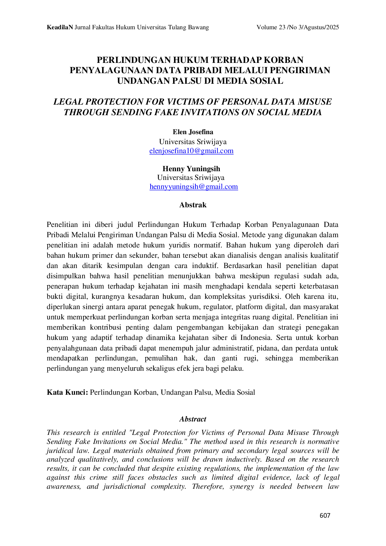 JURIS Perlindungan Hukum Terhadap Korban Penyalahgunaan Data Pribadi Melalui Pengiriman Undangan Palsu Di Media Sosial