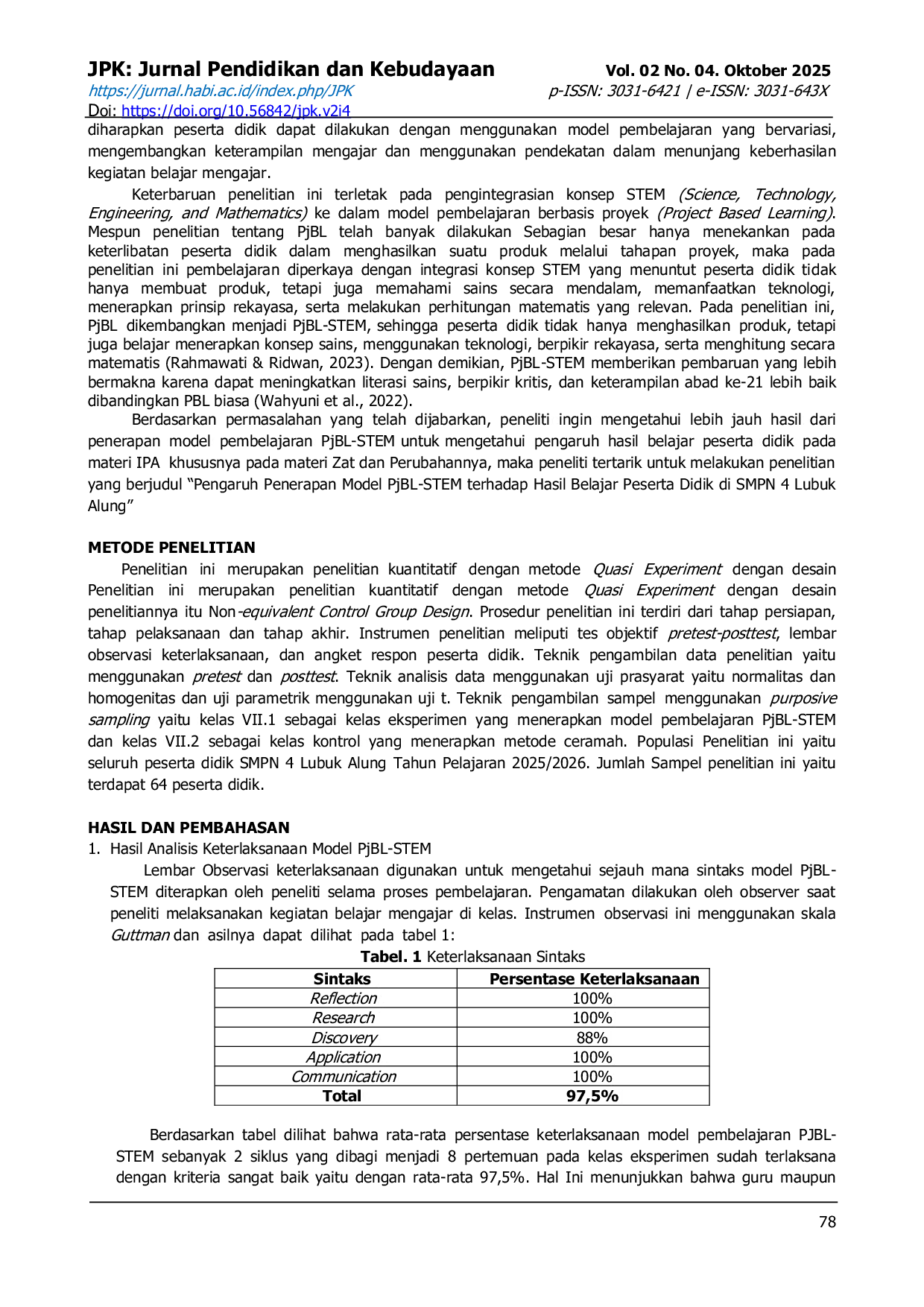 JURIS Pengaruh Penerapan Model PJBL STEM Terhadap Hasil Belajar Peserta Didik di SMPN 4 Lubuk Alung