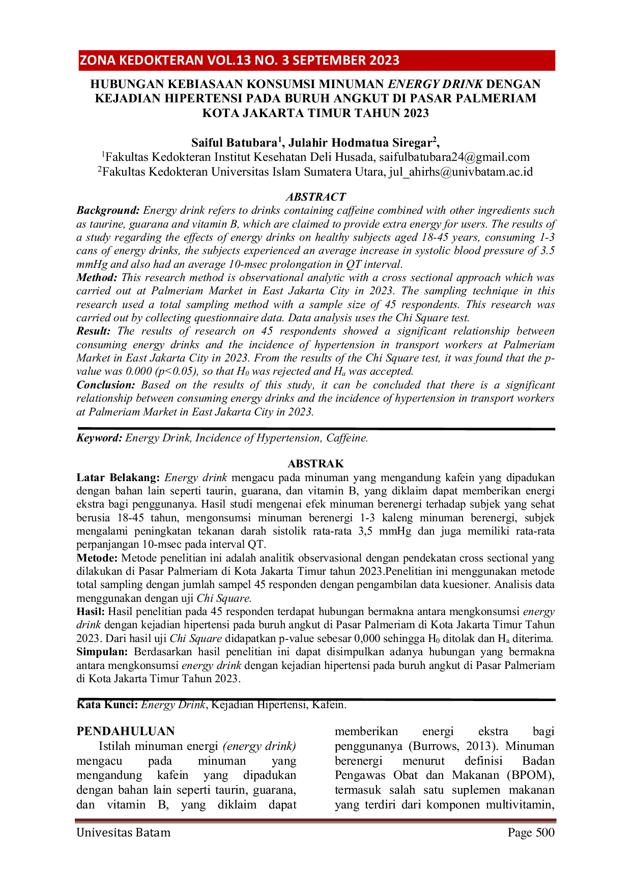 JURIS Hubungan Kebiasaan Konsumsi Minuman Energy Drink Dengan Kejadian Hipertensi Pada Buruh Angkut Di Pasar Palmeriam Kota Jakarta Timur Tahun 2023