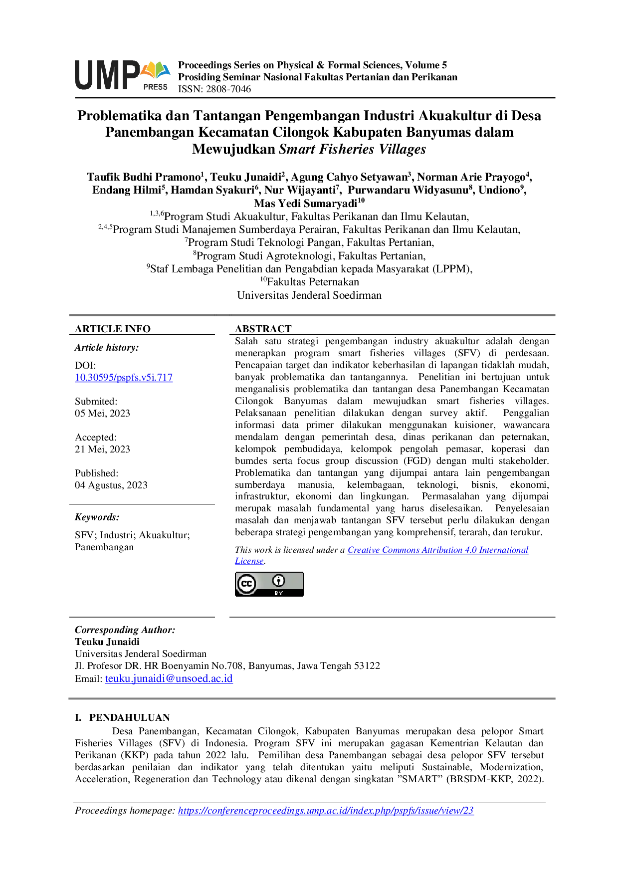 JURIS Problematika dan Tantangan Pengembangan Industri Akuakultur di Desa Panembangan Kecamatan Cilongok Kabupaten Banyumas dalam Mewujudkan Smart Fisheries Villages